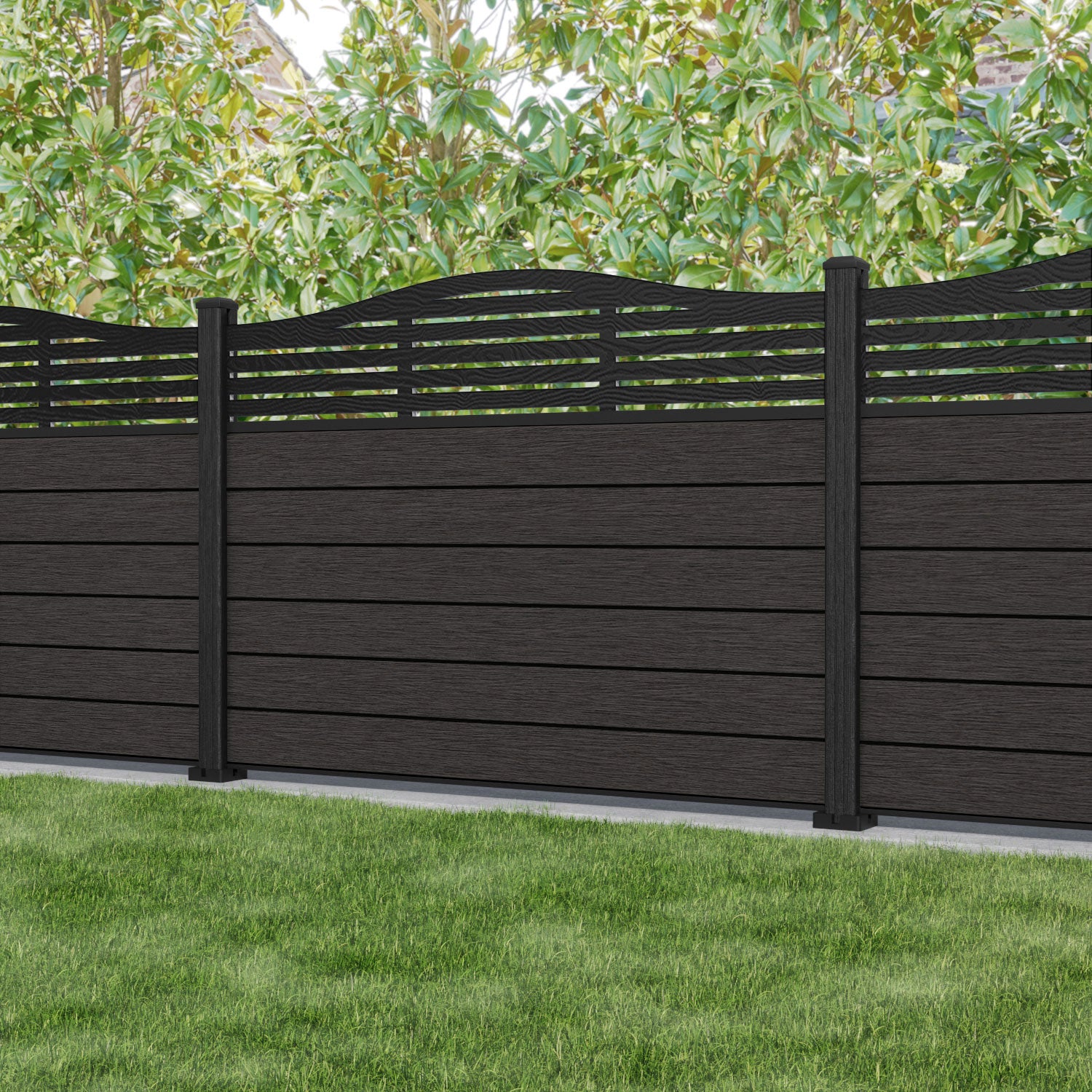 Fusion Aspen Curved Top Fence Panel - Dark Oak - with our composite posts
