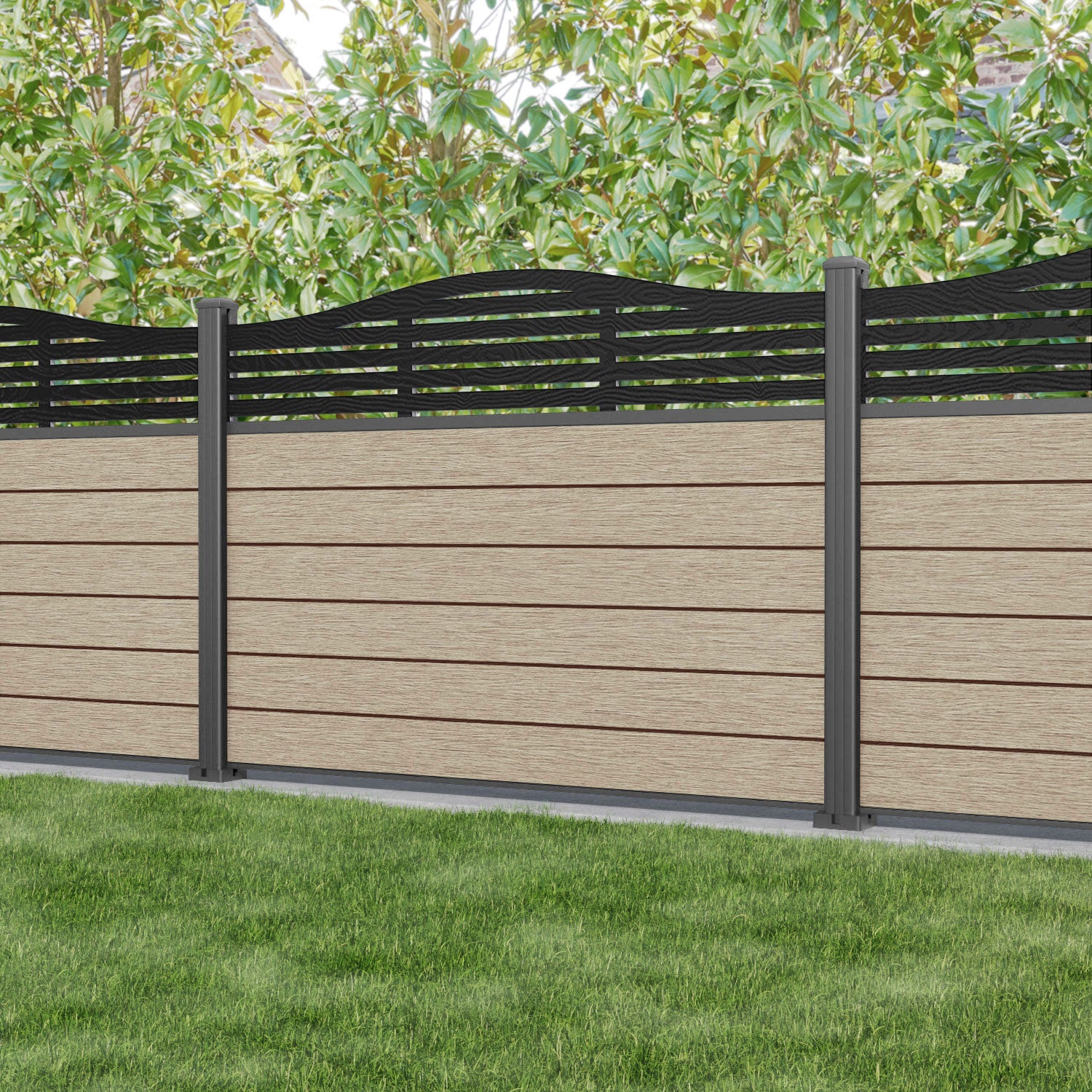 Fusion Aspen Curved Top Fence Panel - Light Oak - with our aluminium posts