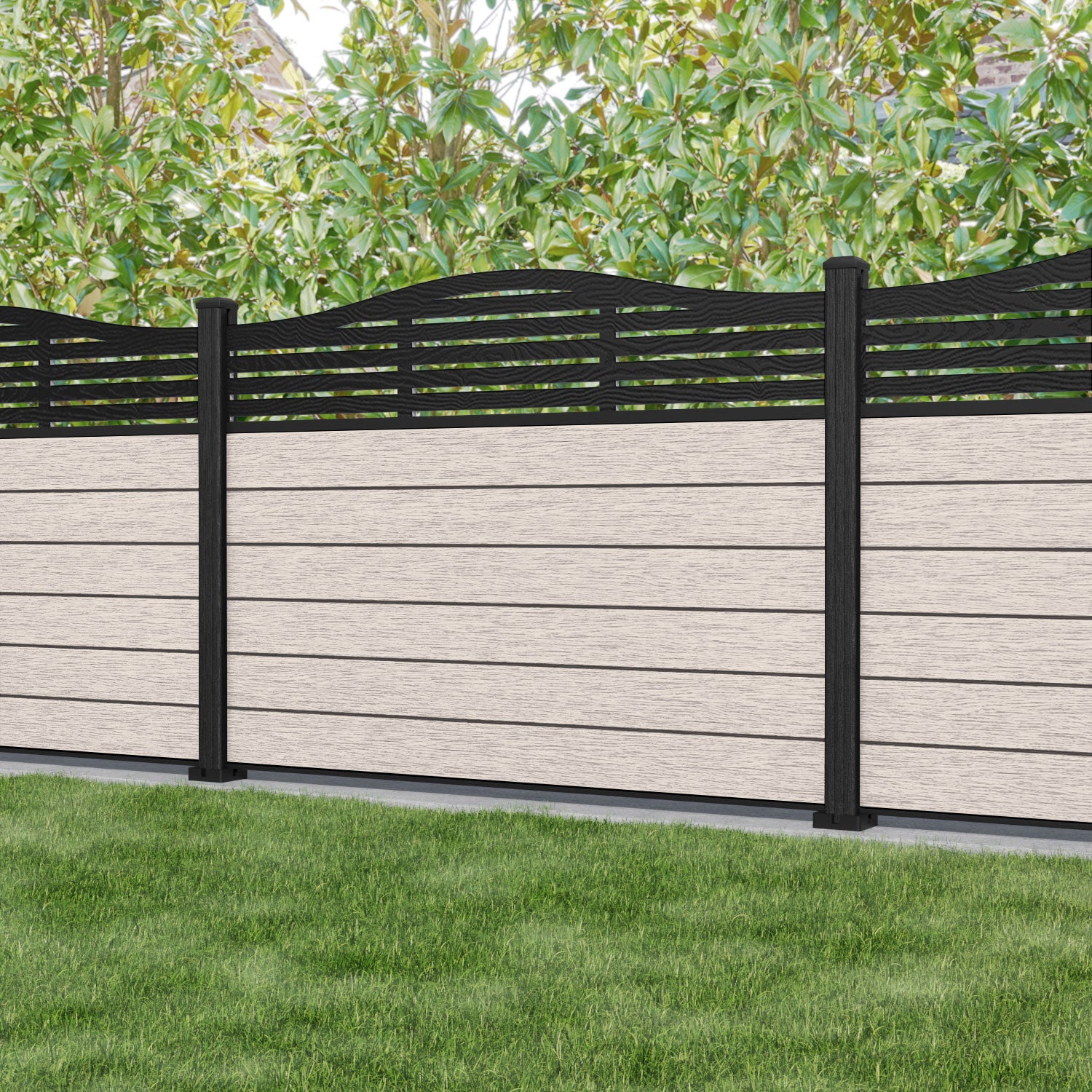 Fusion Aspen Curved Top Fence Panel - Mid Stone - with our composite posts