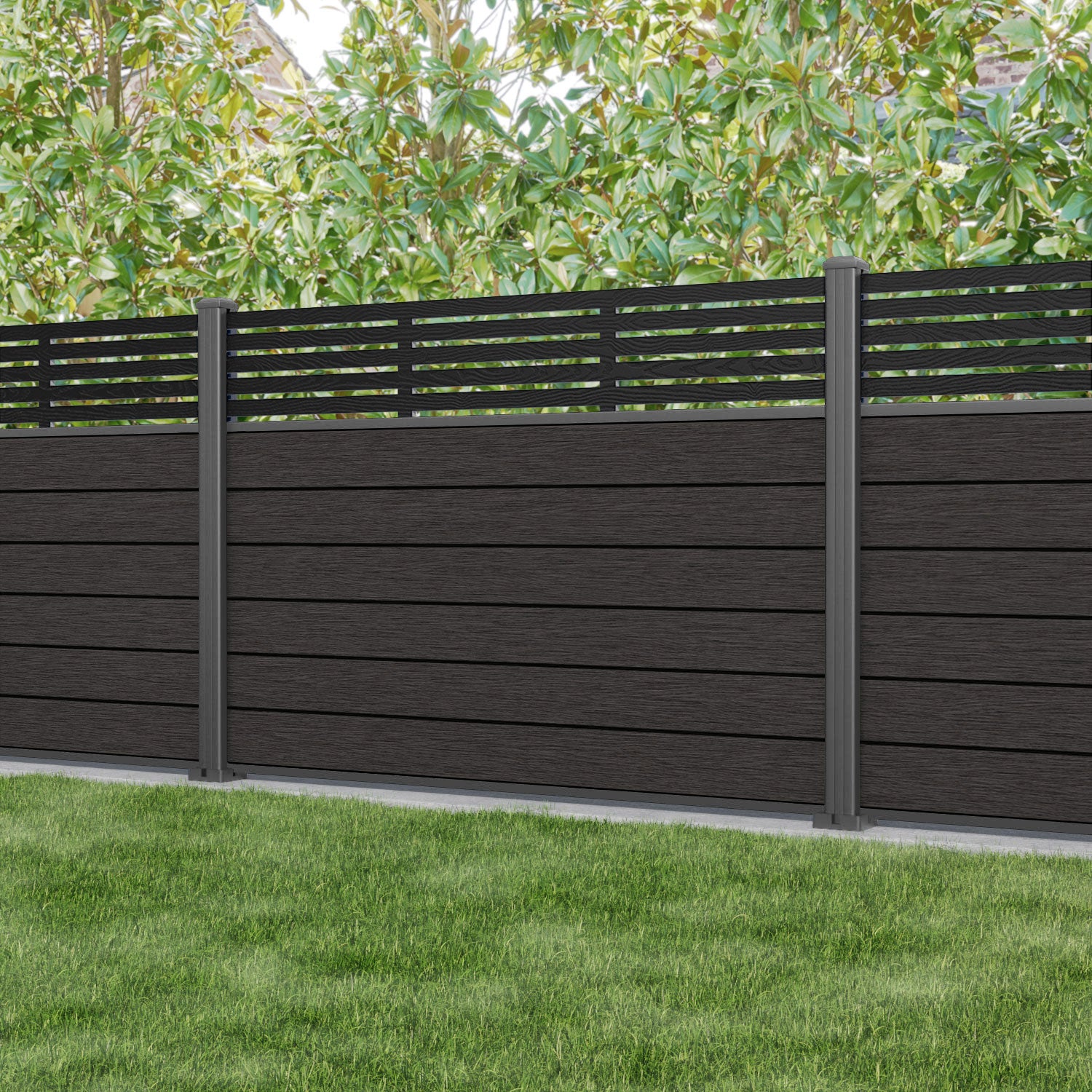 Fusion Aspen Fence Panel - Dark Oak - with our aluminium posts