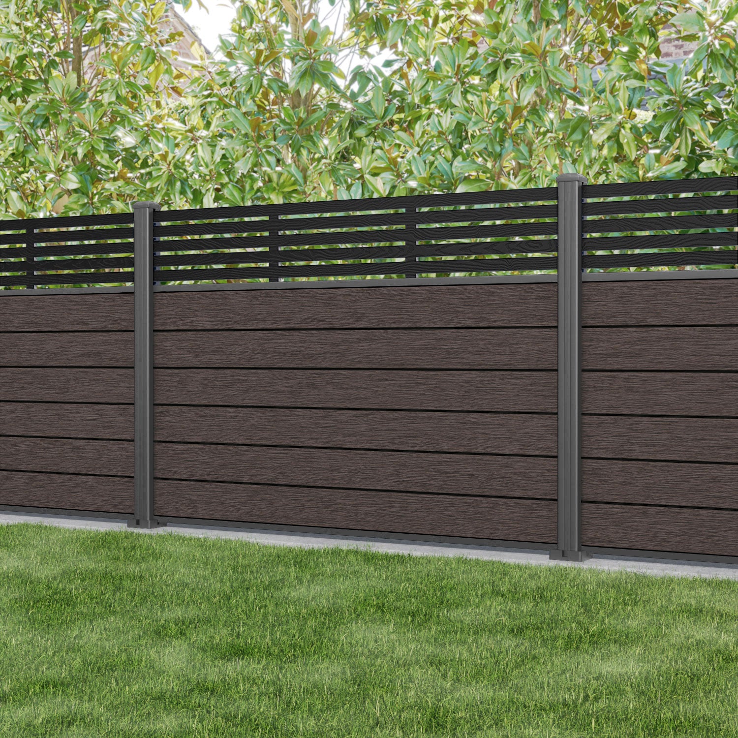 Fusion Aspen Fence Panel - Mid Brown - with our aluminium posts