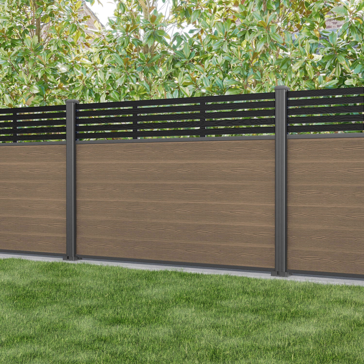 Classic Aspen Fence Panel - Teak - with our aluminium posts