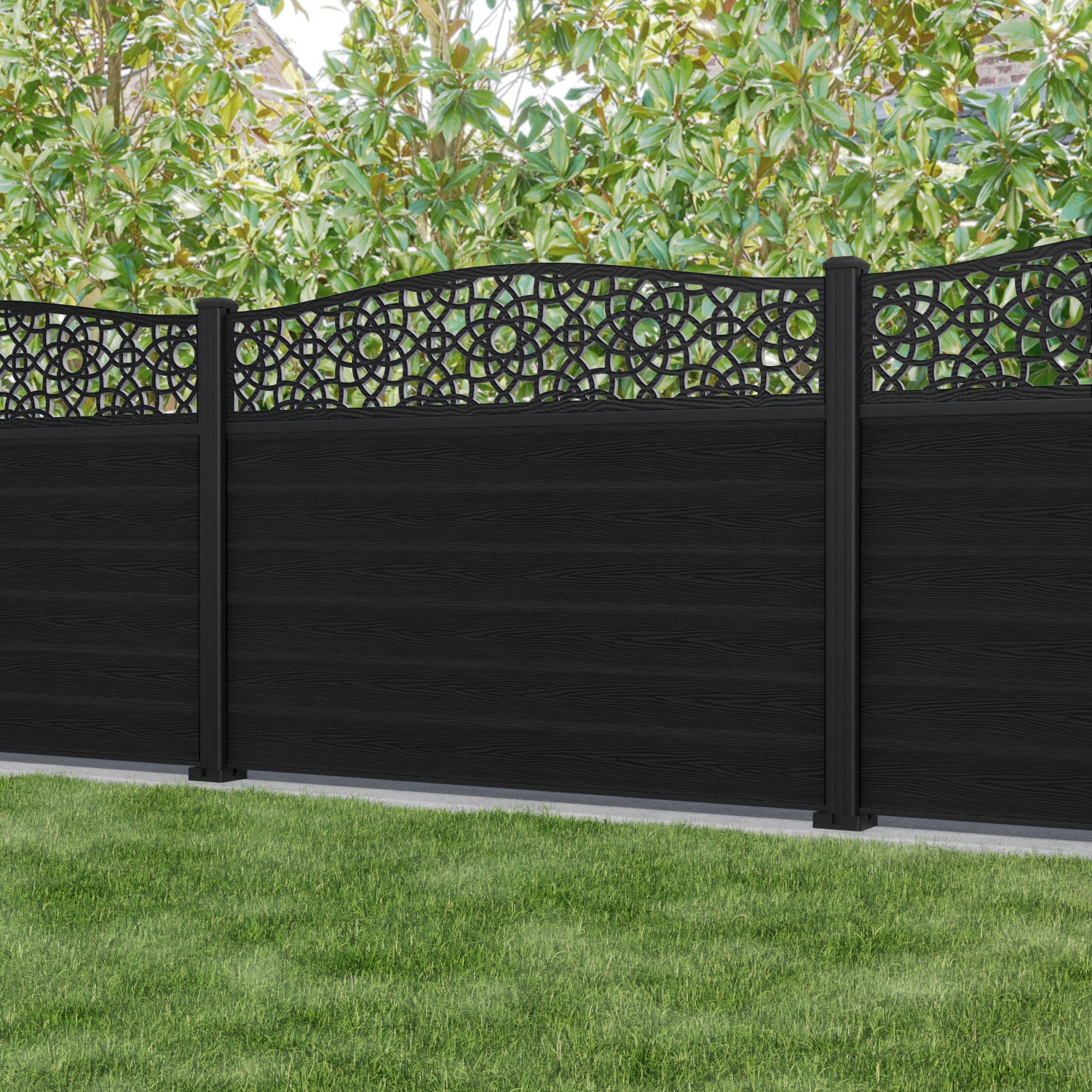 Classic Ambar Curved Top Fence Panel - Black - with our aluminium posts