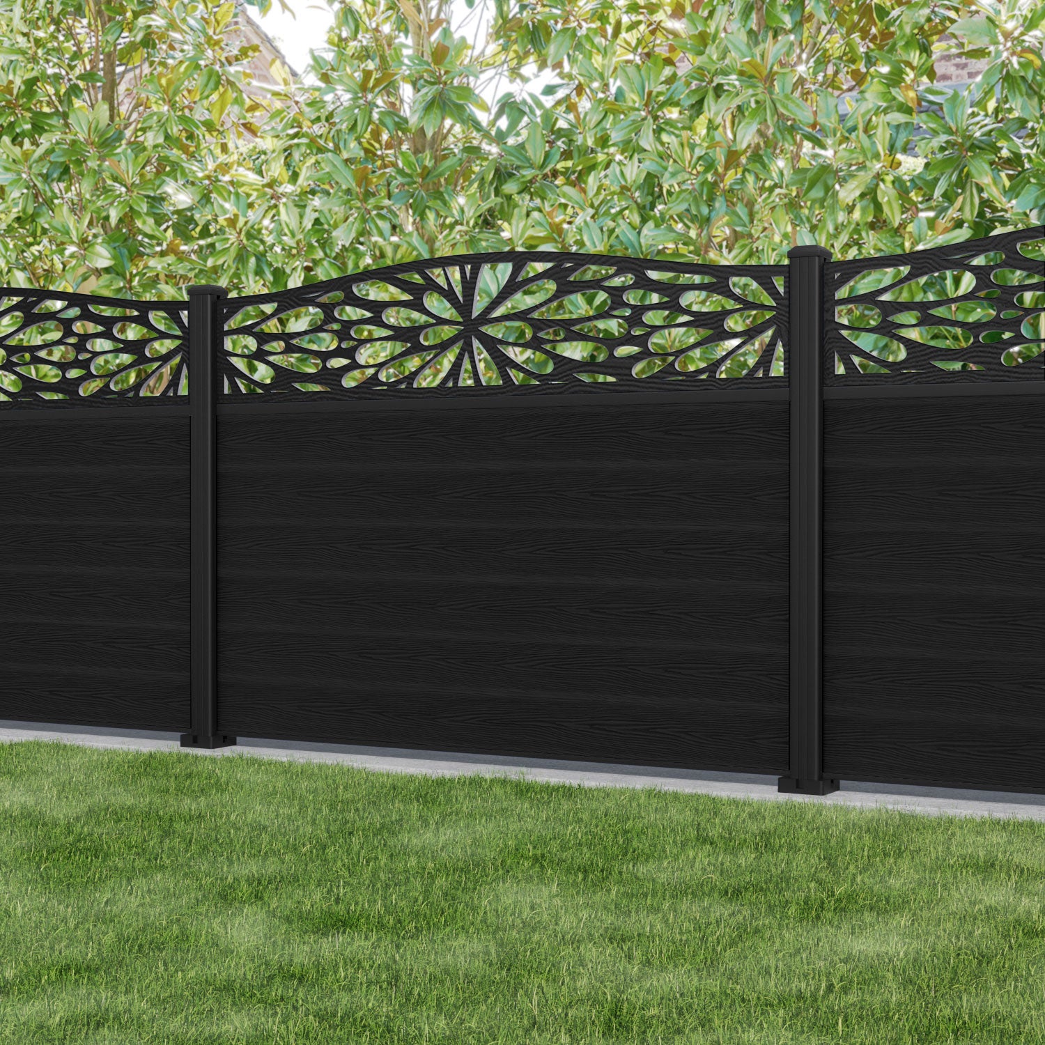 Classic Blossom Curved Top Fence Panel - Black - with our aluminium posts