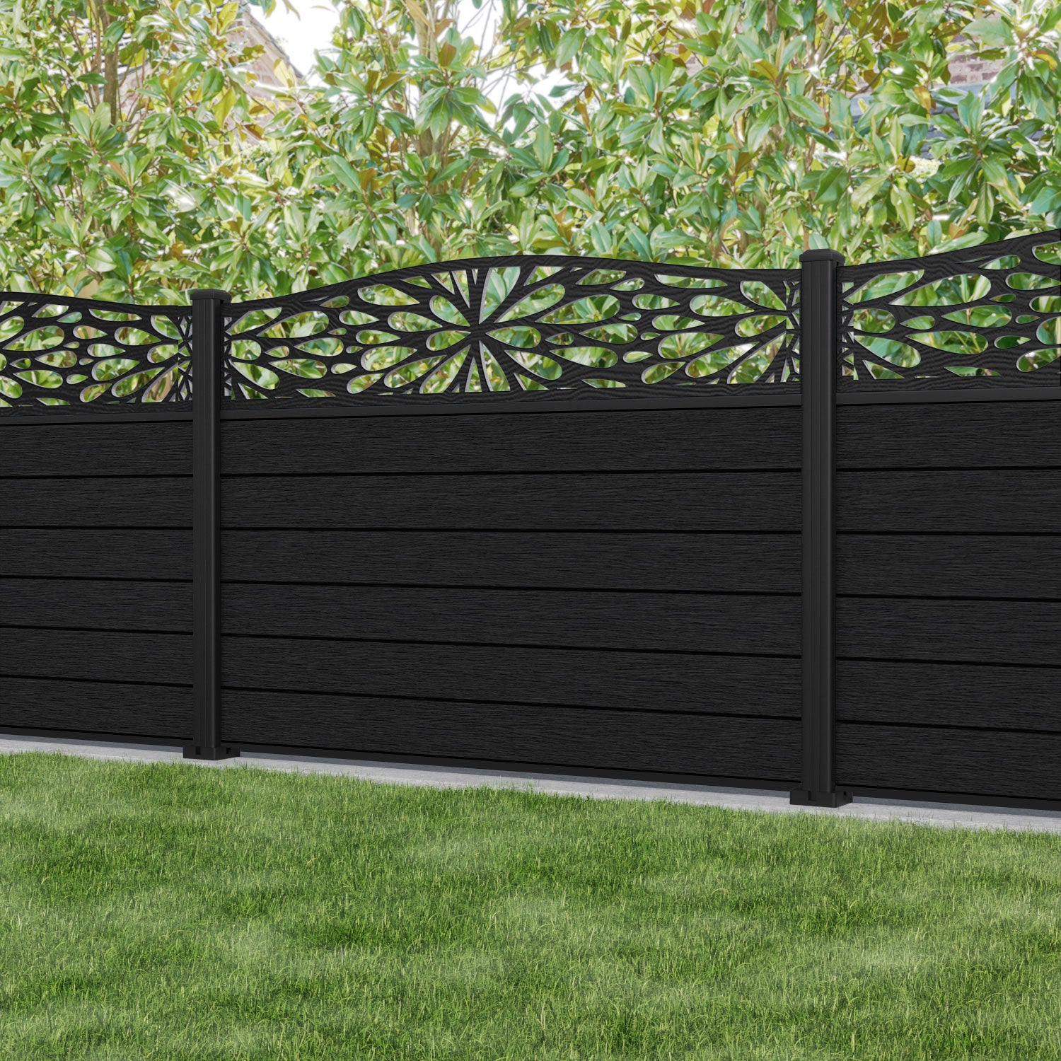 Fusion Blossom Curved Top Fence Panel - Black - with our aluminium posts
