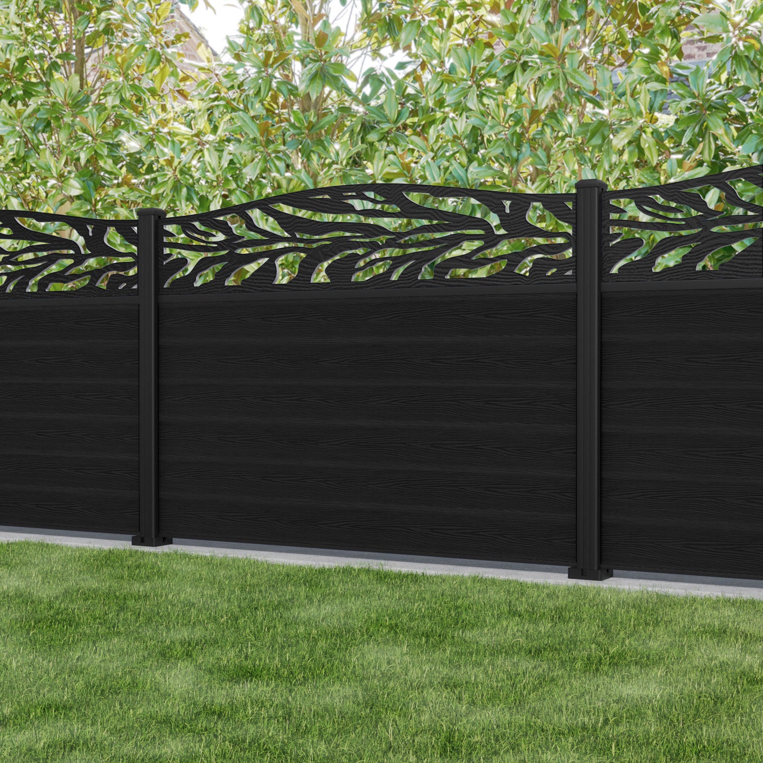Classic Malawi Curved Top Fence Panel - Black - with our aluminium posts