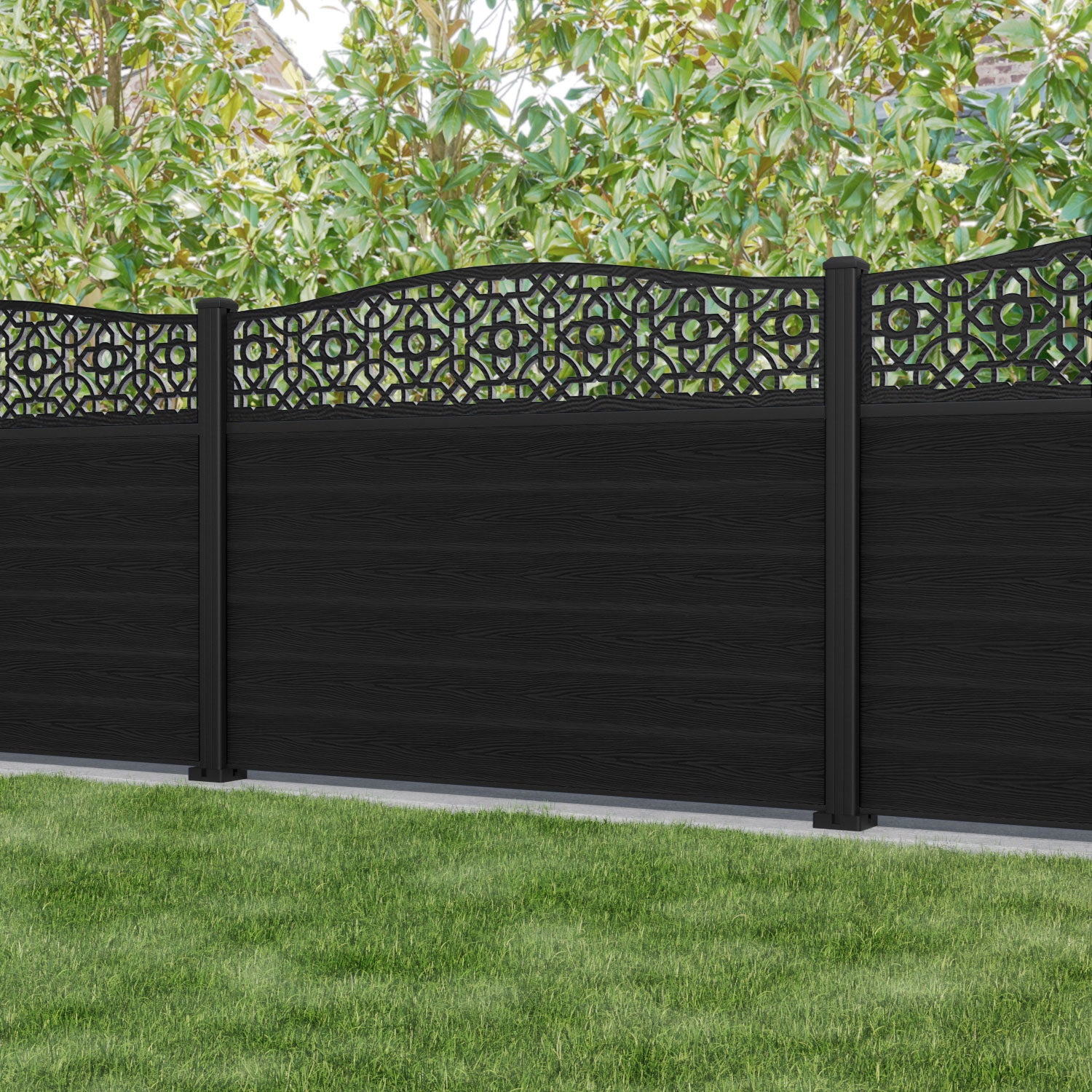 Classic Nabila Curved Top Fence Panel - Black - with our aluminium posts