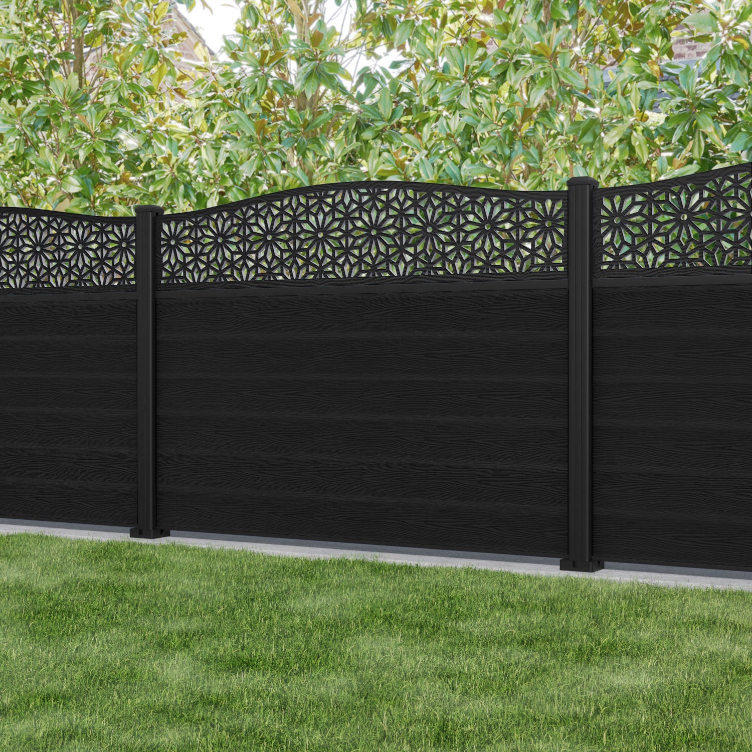 Classic Narwa Curved Top Fence Panel - Black - with our aluminium posts