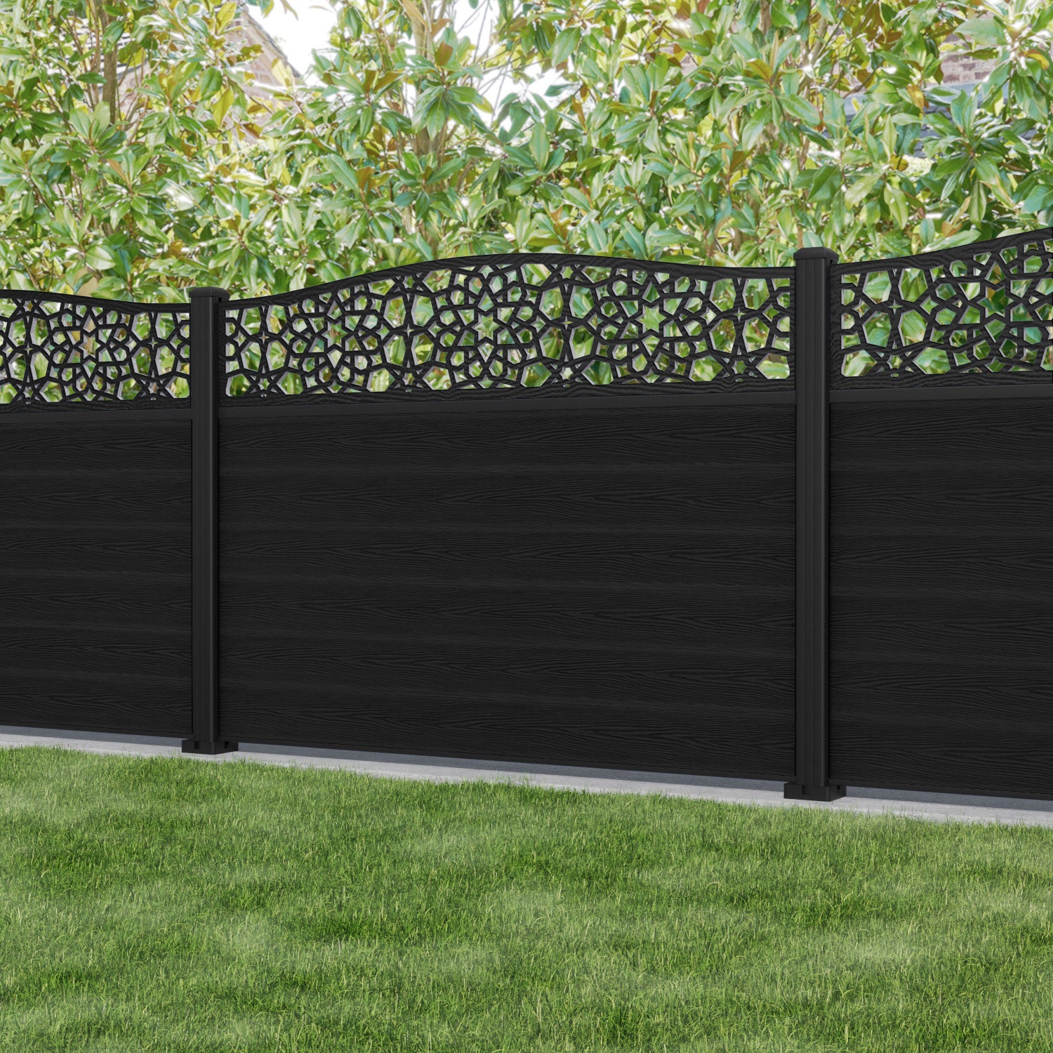 Classic Nazira Curved Top Fence Panel - Black - with our aluminium posts