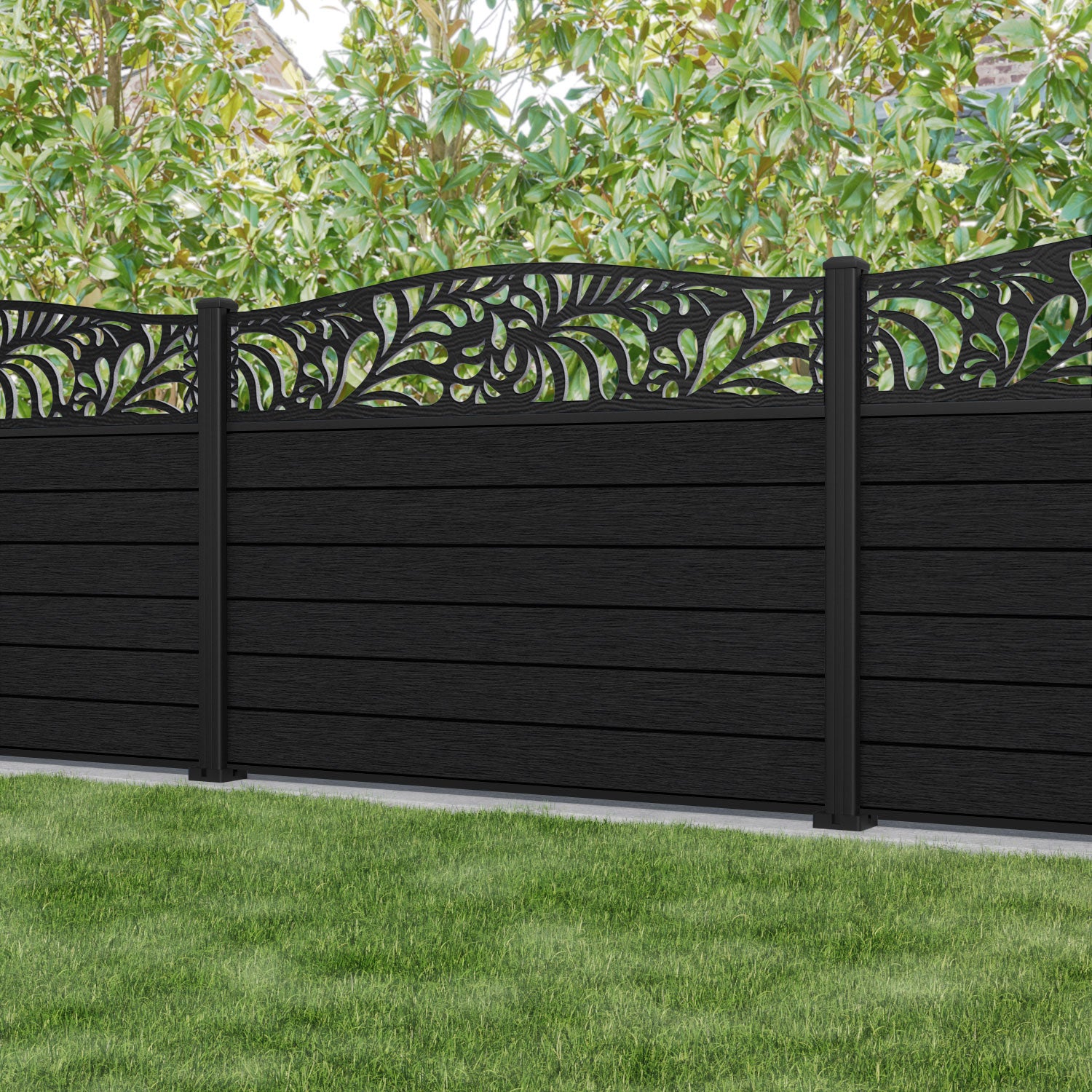 Fusion Petal Curved Top Fence Panel - Black - with our aluminium posts