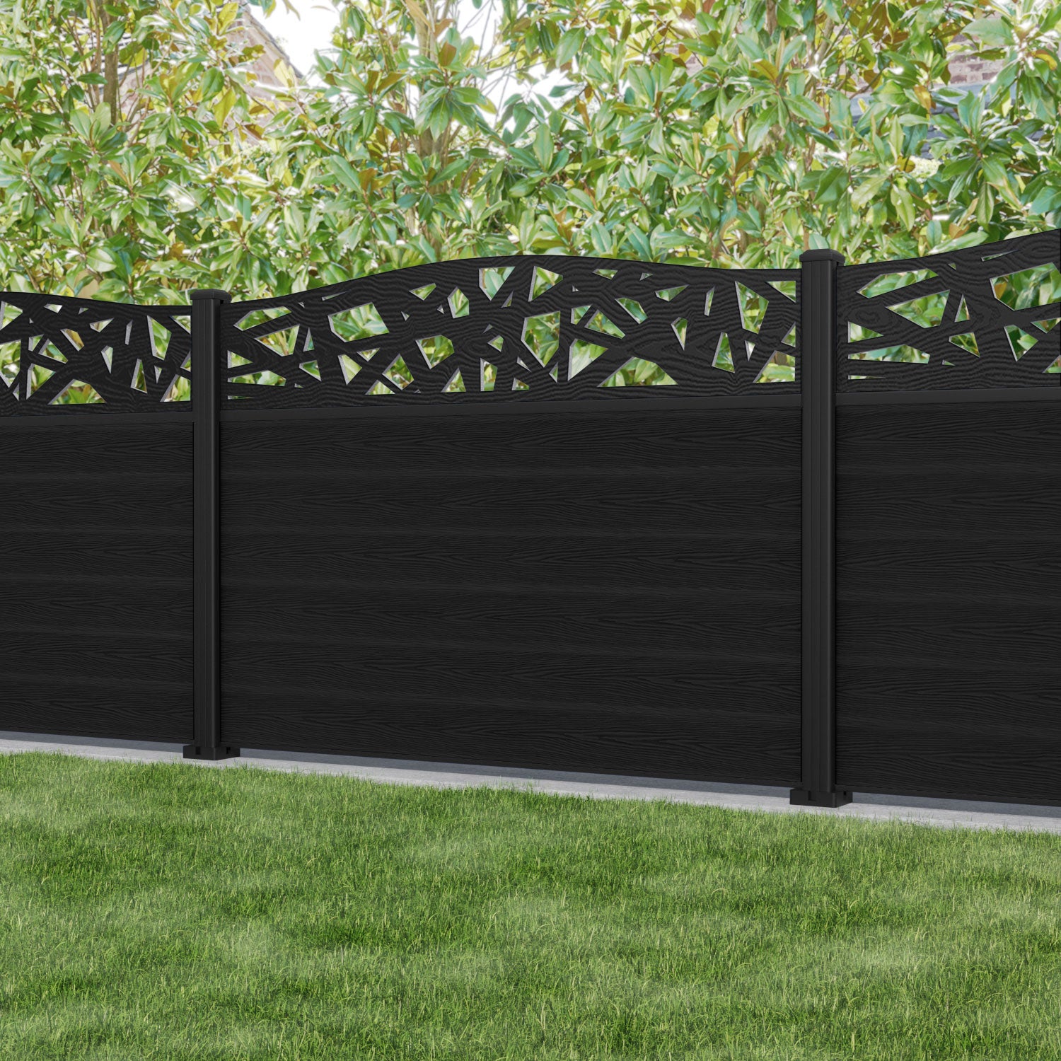 Classic Prism Curved Top Fence Panel - Black - with our aluminium posts