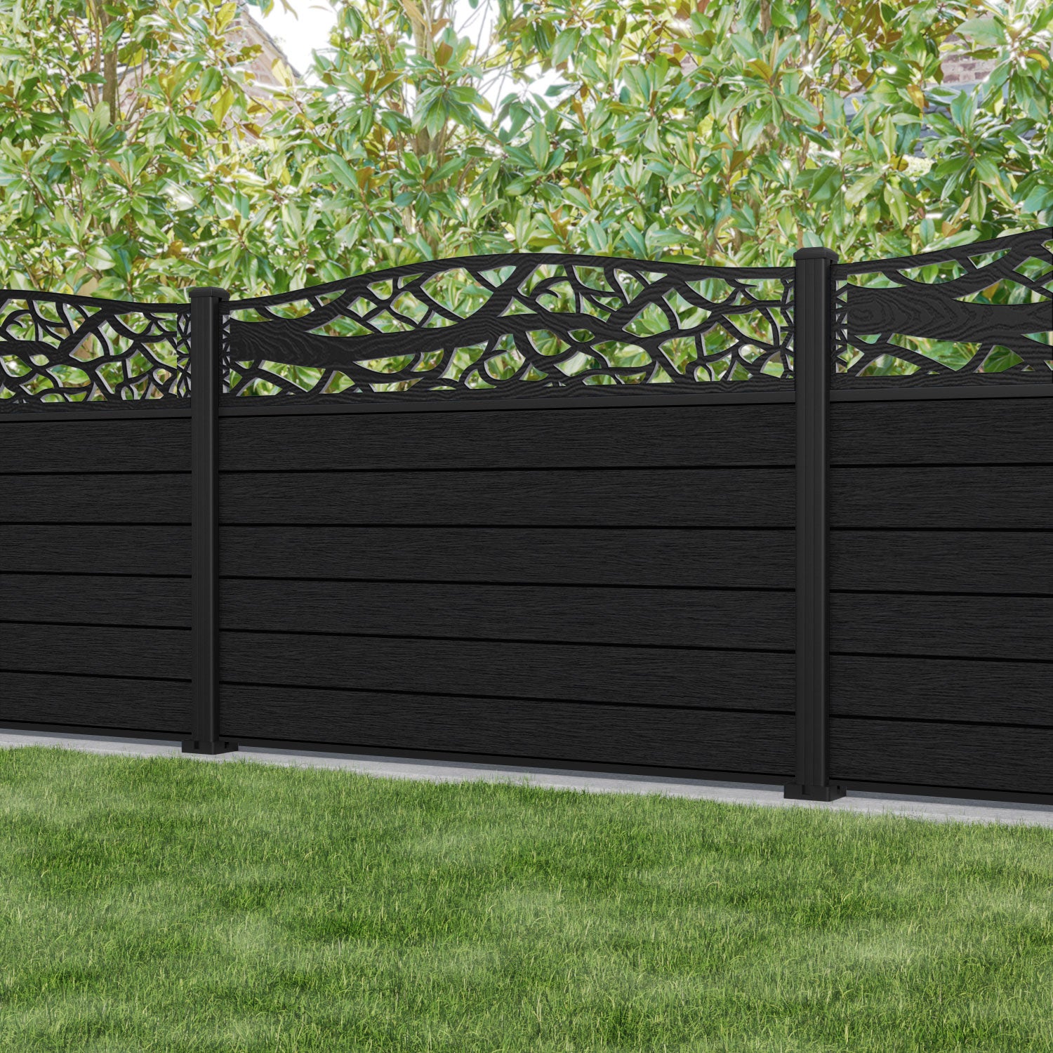 Fusion Twilight Curved Top Fence Panel - Black - with our aluminium posts