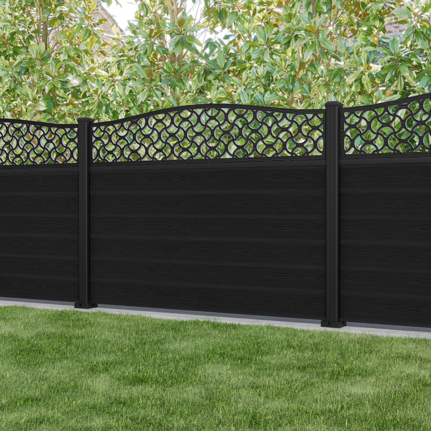 Classic Vida Curved Top Fence Panel - Black - with our aluminium posts