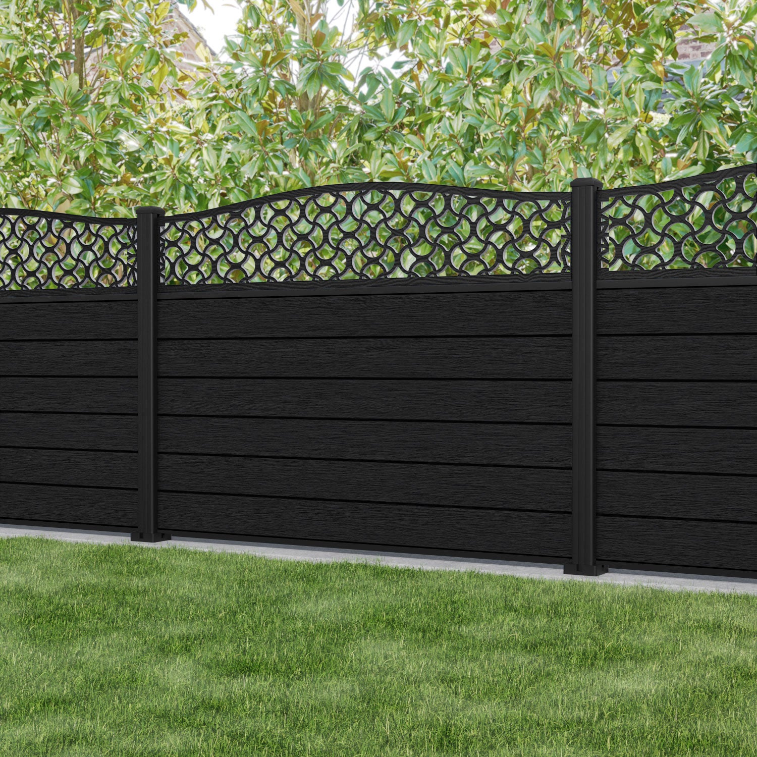 Fusion Vida Curved Top Fence Panel - Black - with our aluminium posts