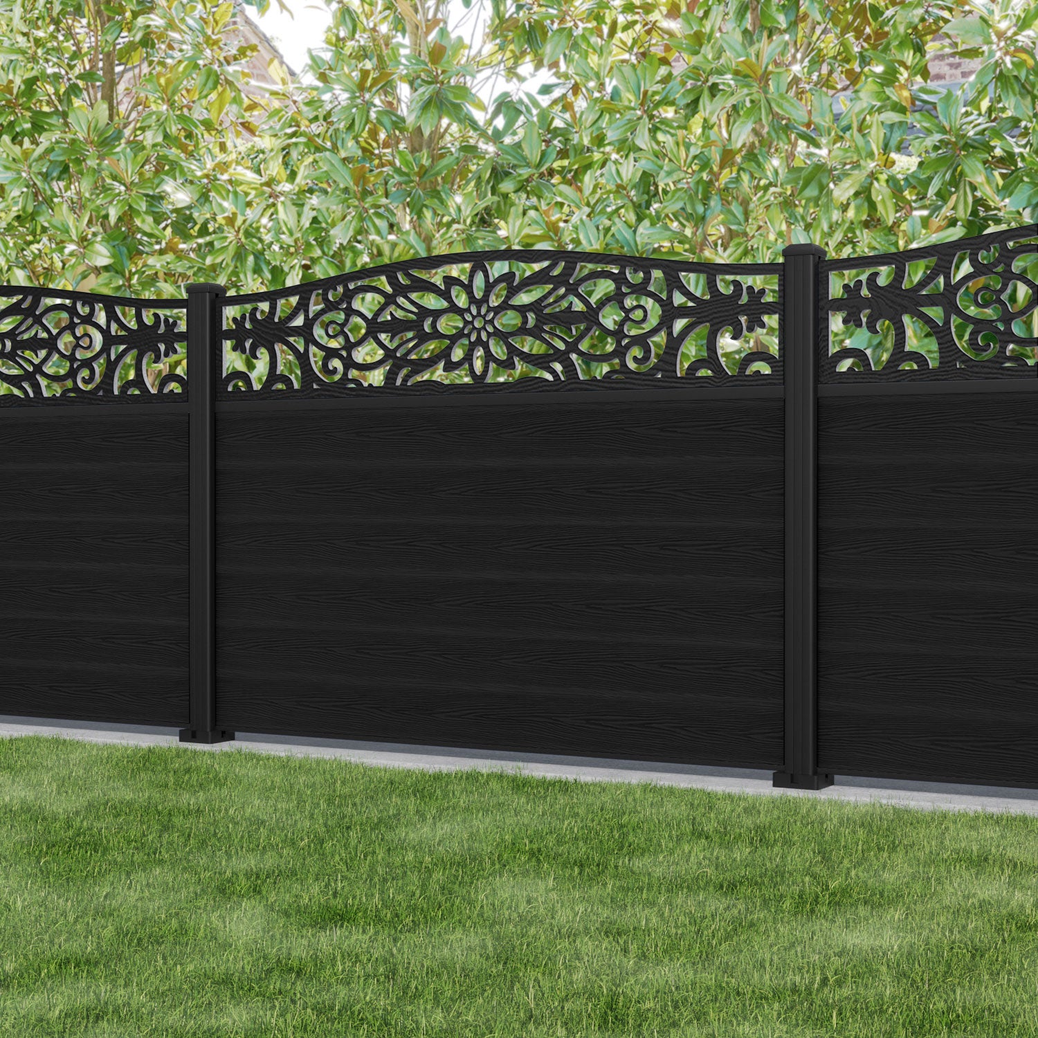 Classic Windsor Curved Top Fence Panel - Black - with our aluminium posts