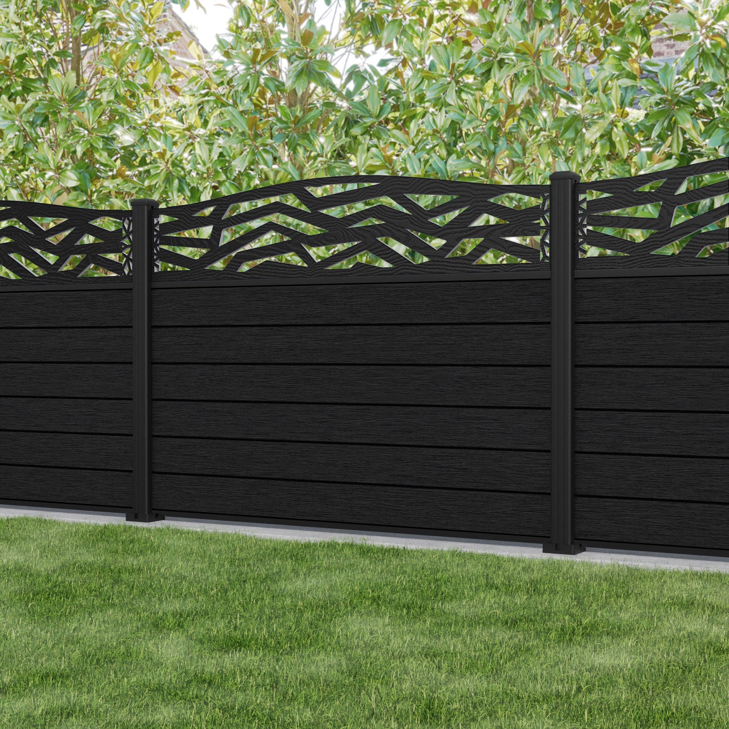 Fusion Zenith Curved Top Fence Panel - Black - with our aluminium posts