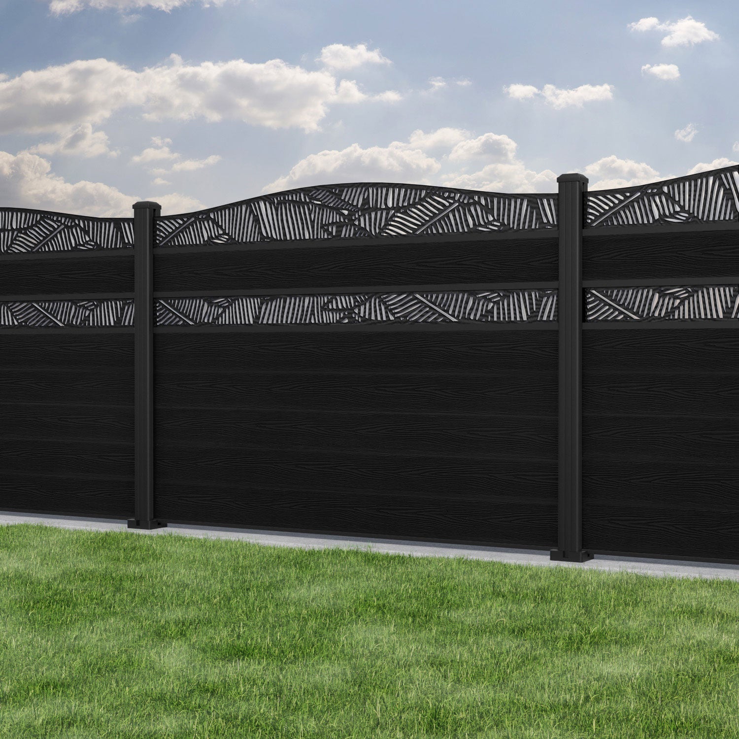 Classic Feather Curved Top Split Screen Fence Panel - Black - with our aluminium posts