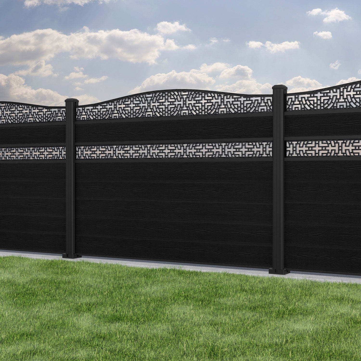 Classic Kumo Curved Top Split Screen Fence Panel - Black - with our aluminium posts