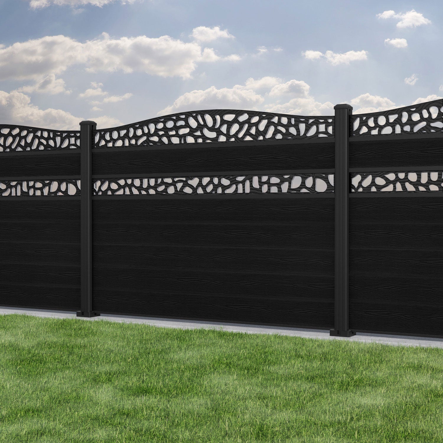 Classic Pebble Curved Top Split Screen Fence Panel - Black - with our aluminium posts