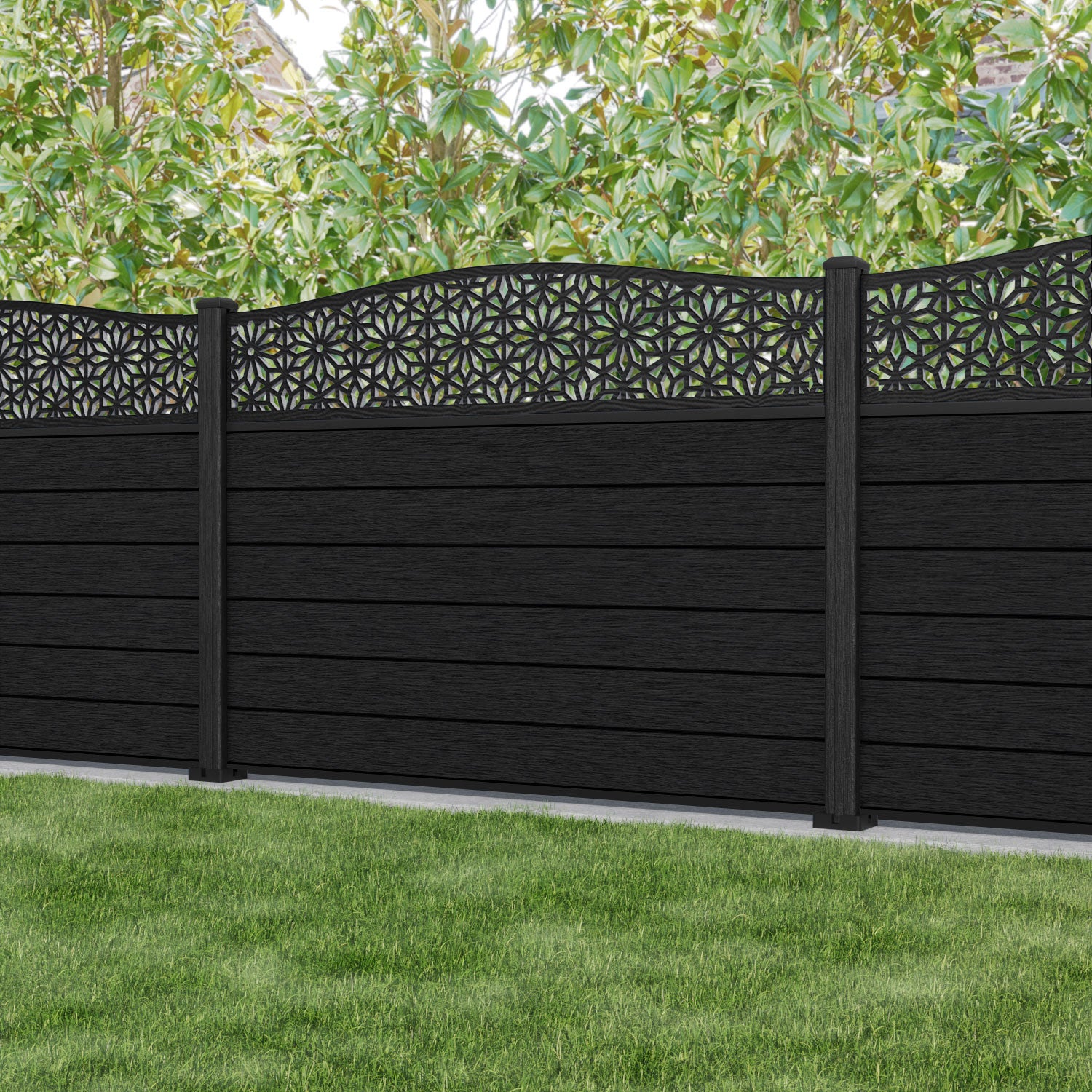 Fusion Narwa Curved Top Fence Panel - Black - with our composite posts