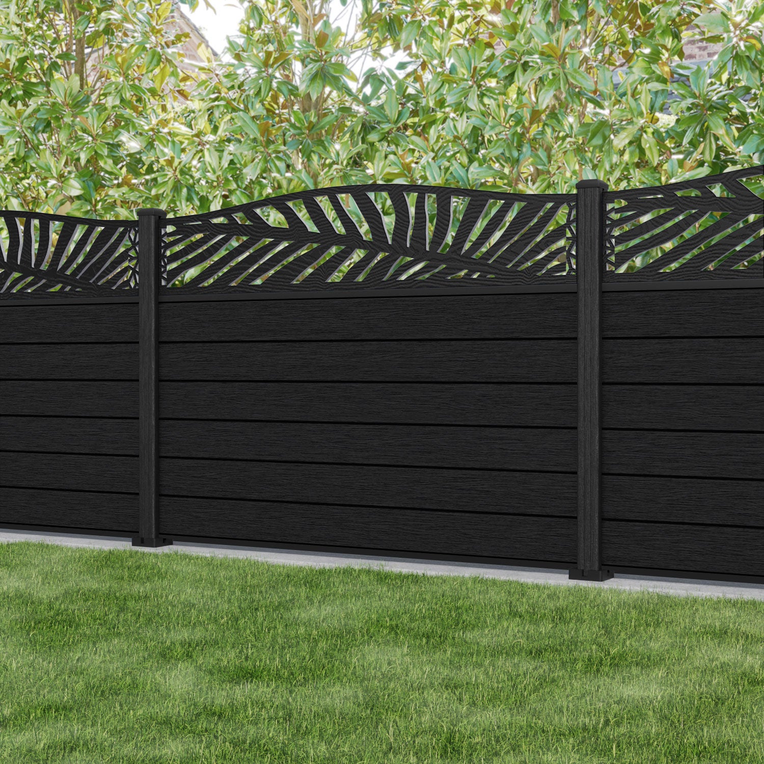 Fusion Palm Curved Top Fence Panel - Black - with our composite posts