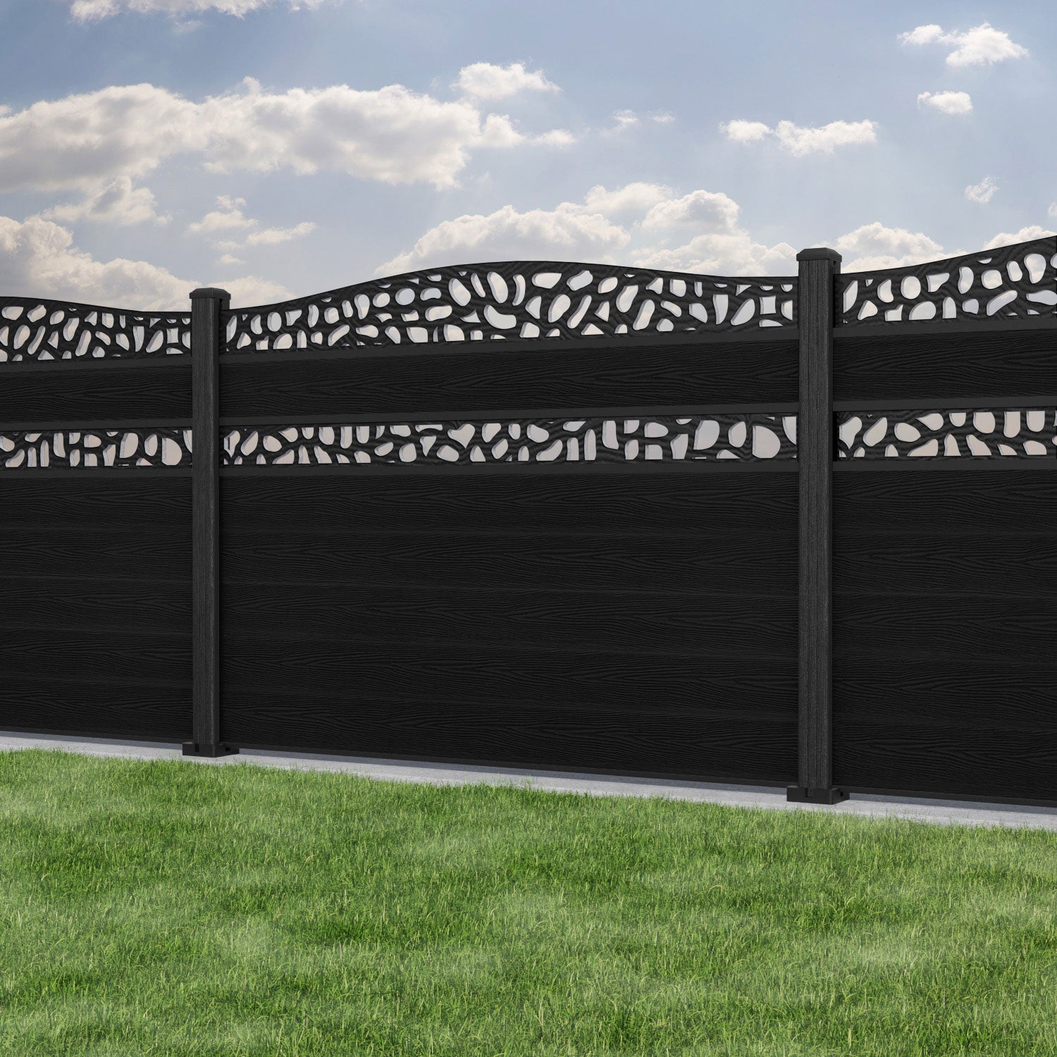 Classic Pebble Curved Top Split Screen Fence Panel - Black - with our composite posts