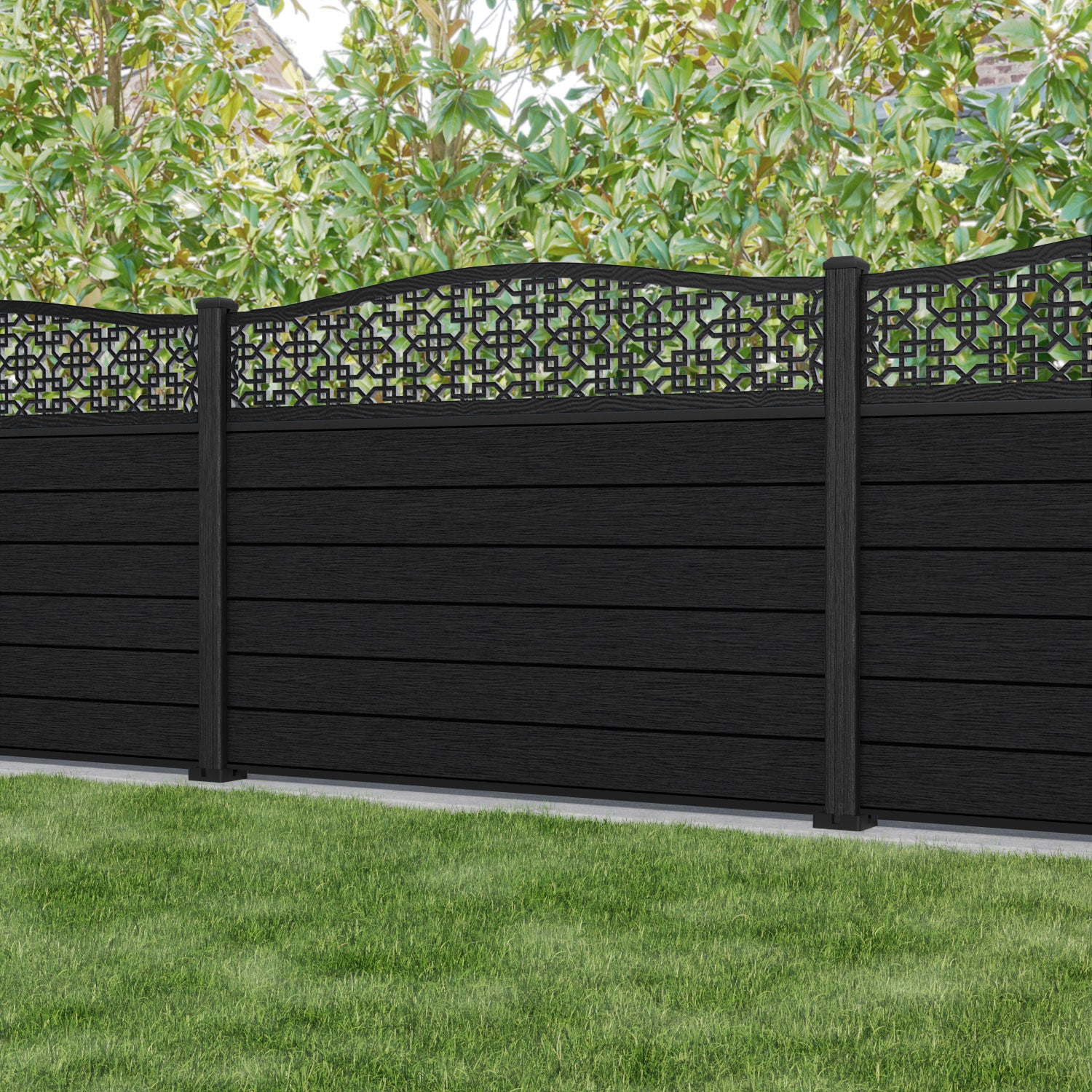 Fusion Zaria Curved Top Fence Panel - Black - with our composite posts