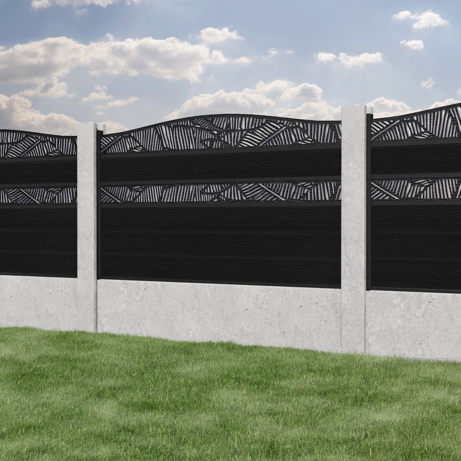 Classic Feather Curved Top Split Screen Fence Panel - Black - for existing concrete posts