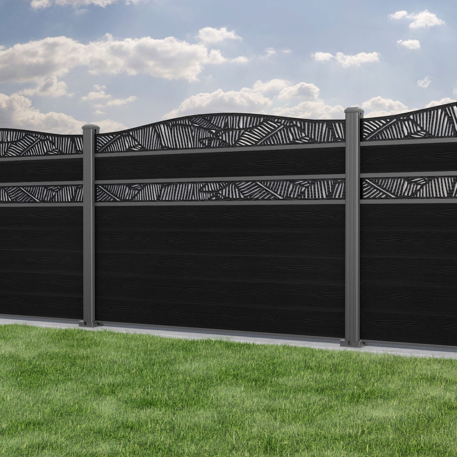 Classic Feather Curved Top Split Screen Fence Panel - Black - with our aluminium posts
