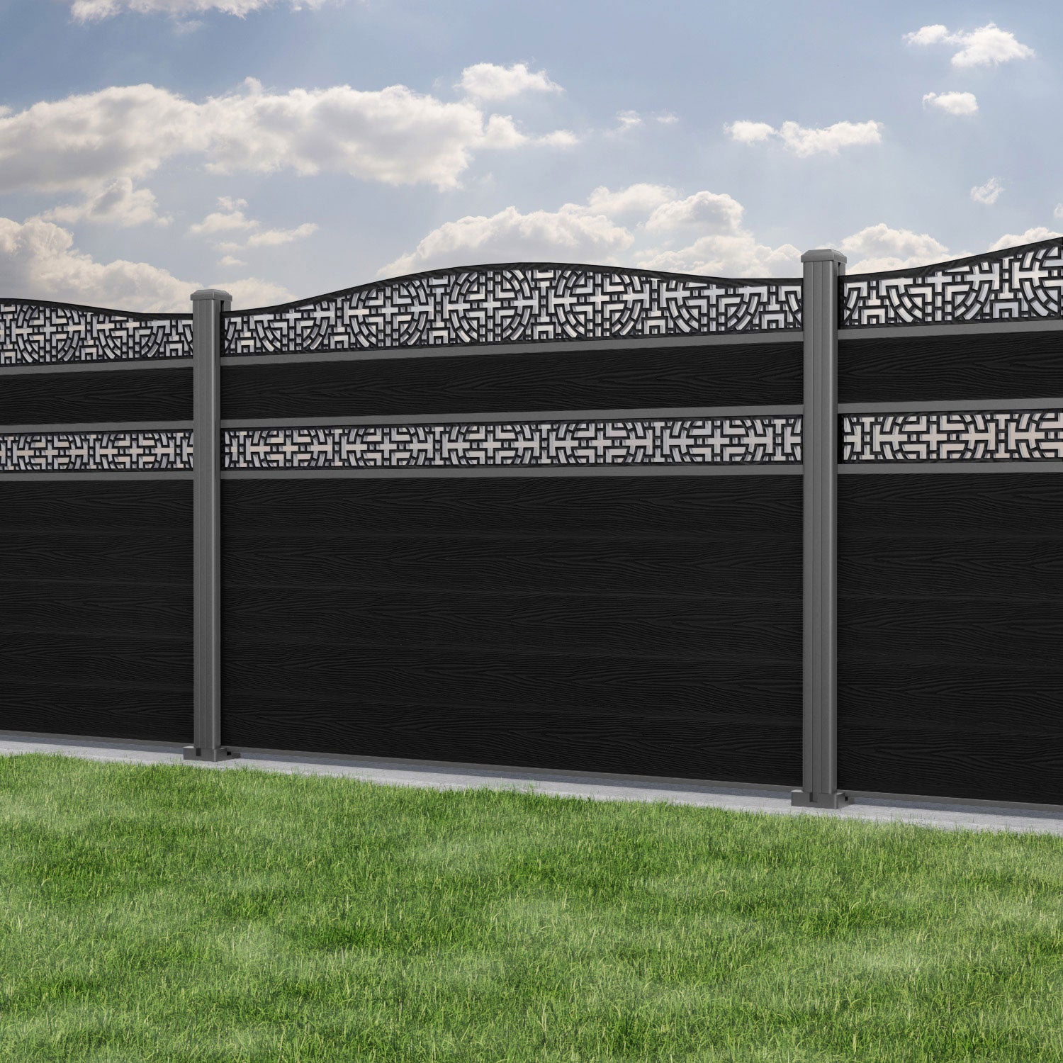 Classic Kumo Curved Top Split Screen Fence Panel - Black - with our aluminium posts