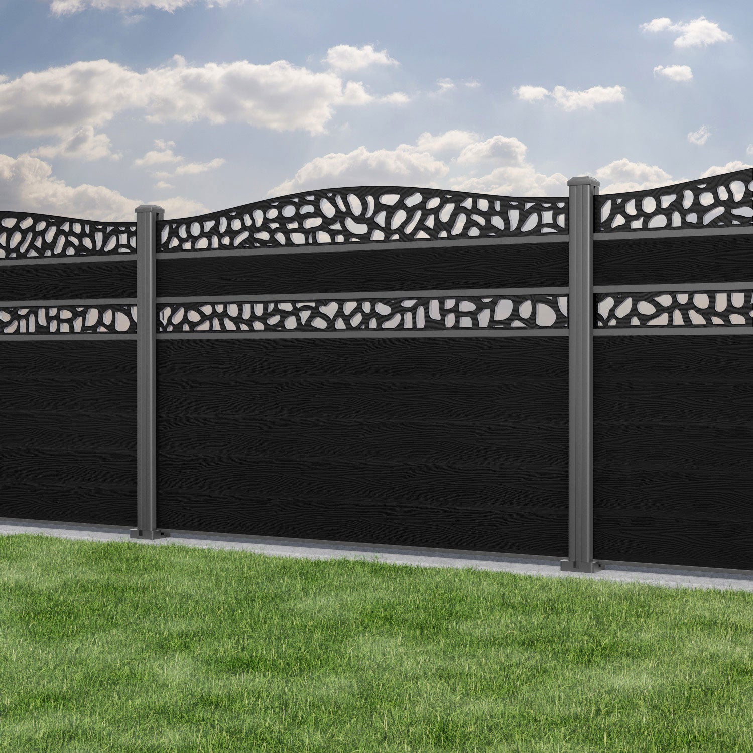 Classic Pebble Curved Top Split Screen Fence Panel - Black - with our aluminium posts