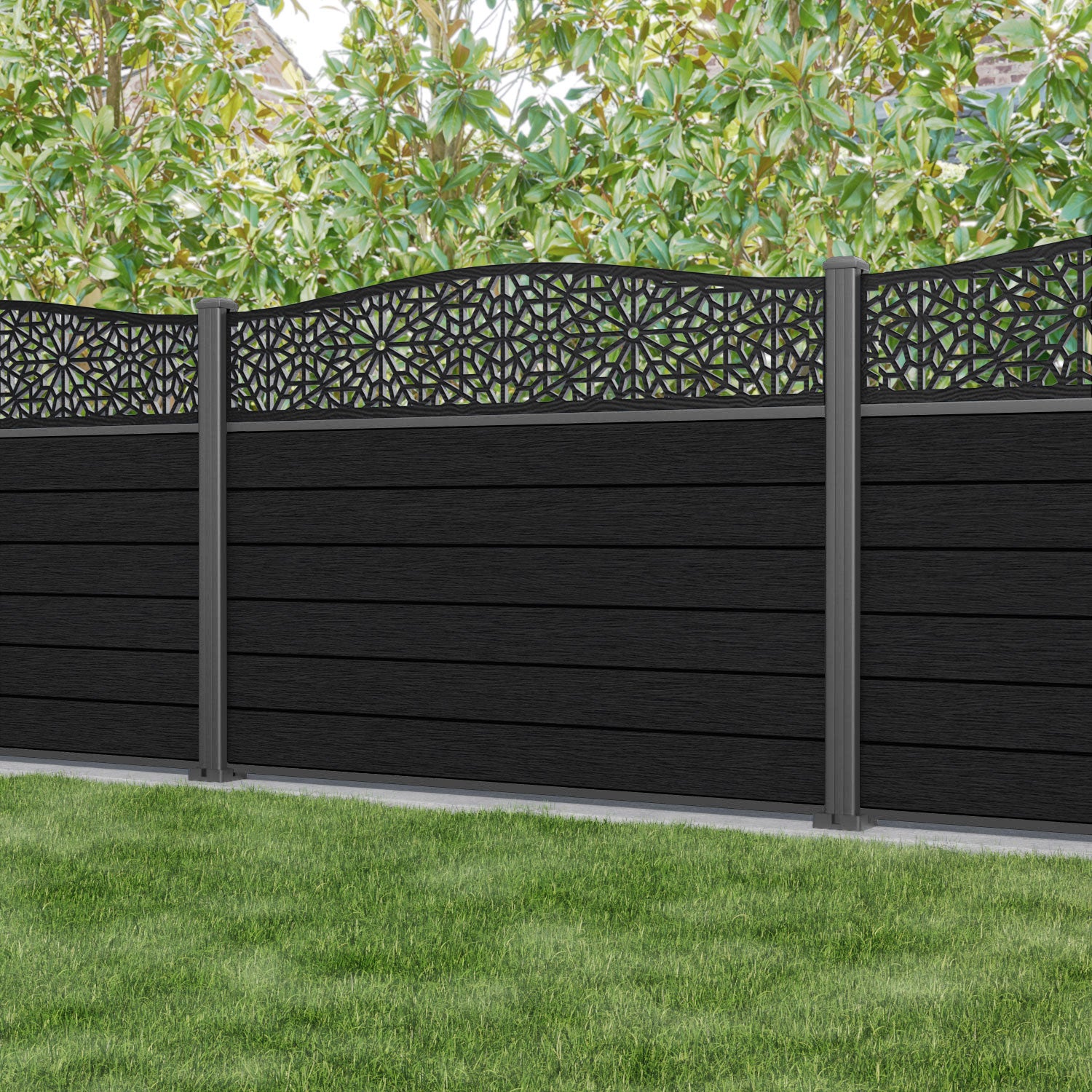 Fusion Alnara Curved Top Fence Panel - Black - with our aluminium posts