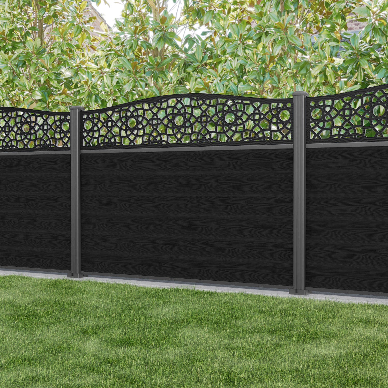 Classic Ambar Curved Top Fence Panel - Black - with our aluminium posts