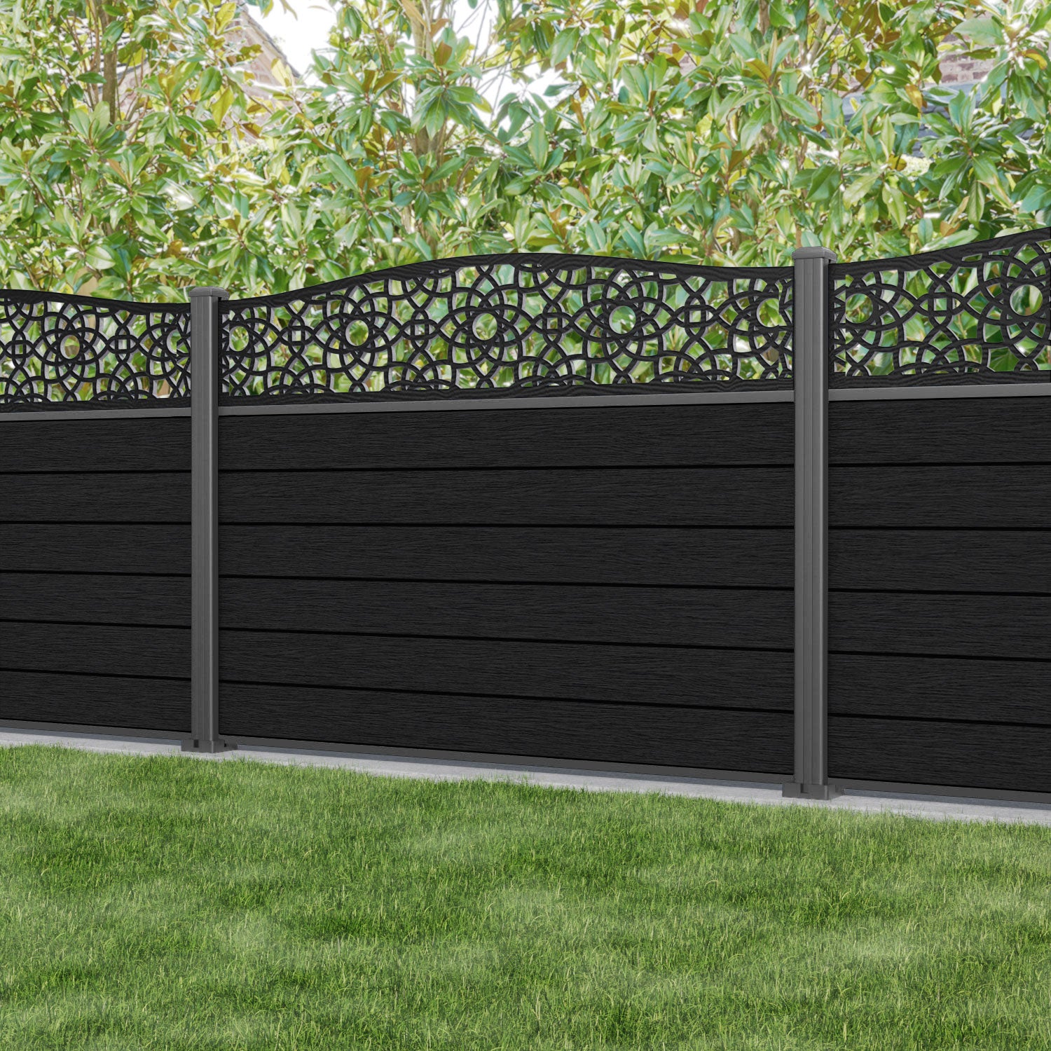 Fusion Ambar Curved Top Fence Panel - Black - with our aluminium posts