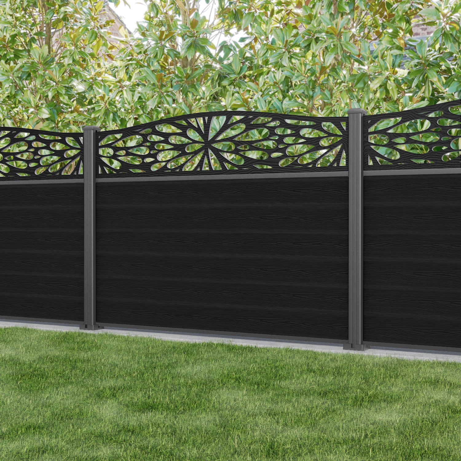Classic Blossom Curved Top Fence Panel - Black - with our aluminium posts