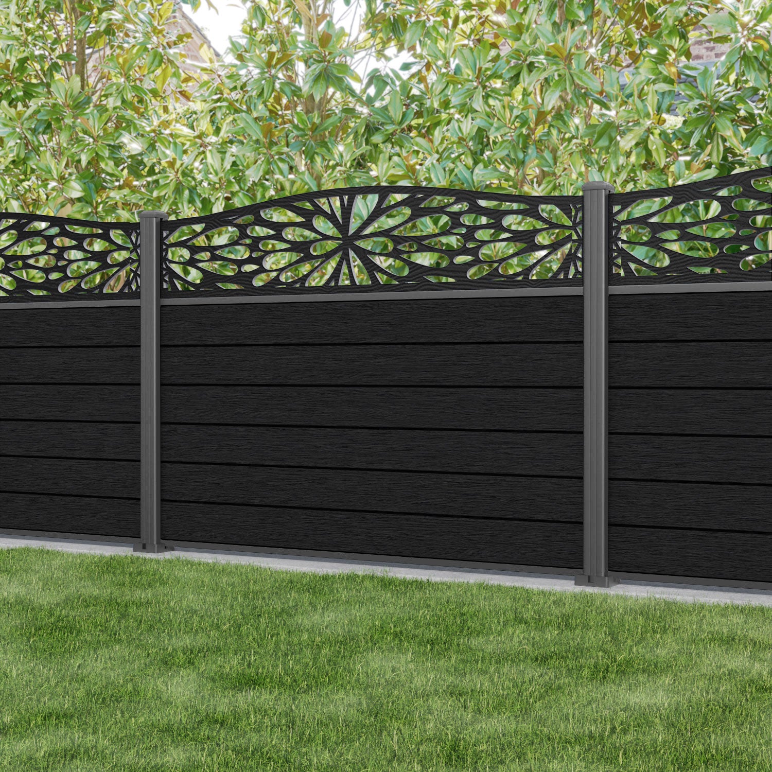 Fusion Blossom Curved Top Fence Panel - Black - with our aluminium posts