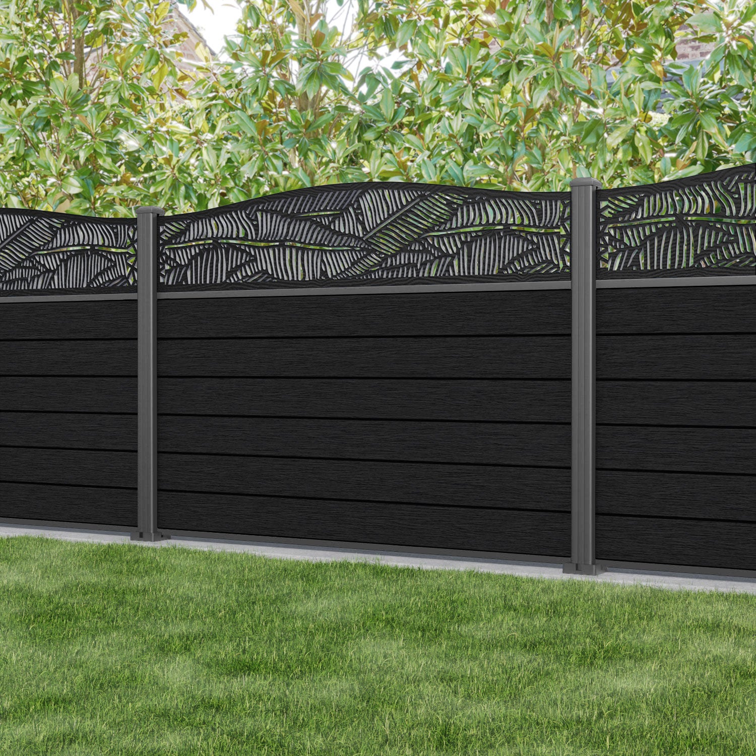 Fusion Feather Curved Top Fence Panel - Black - with our aluminium posts