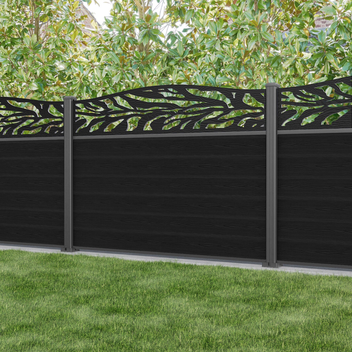 Classic Malawi Curved Top Fence Panel - Black - with our aluminium posts