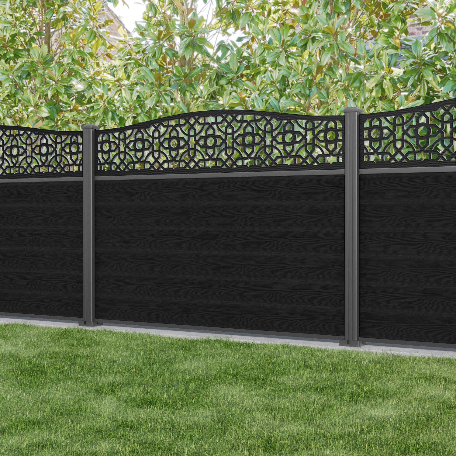 Classic Nabila Curved Top Fence Panel - Black - with our aluminium posts