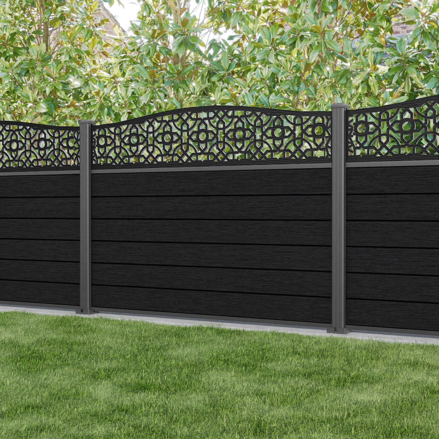 Fusion Nabila Curved Top Fence Panel - Black - with our aluminium posts