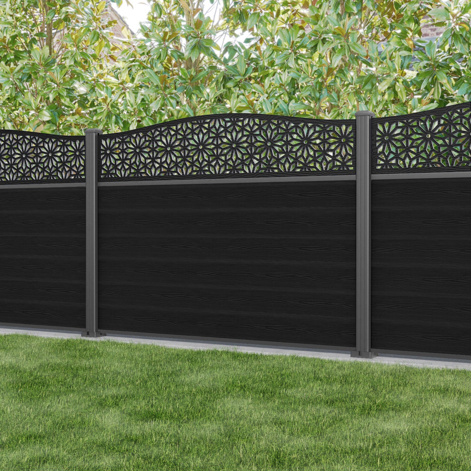 Classic Narwa Curved Top Fence Panel - Black - with our aluminium posts