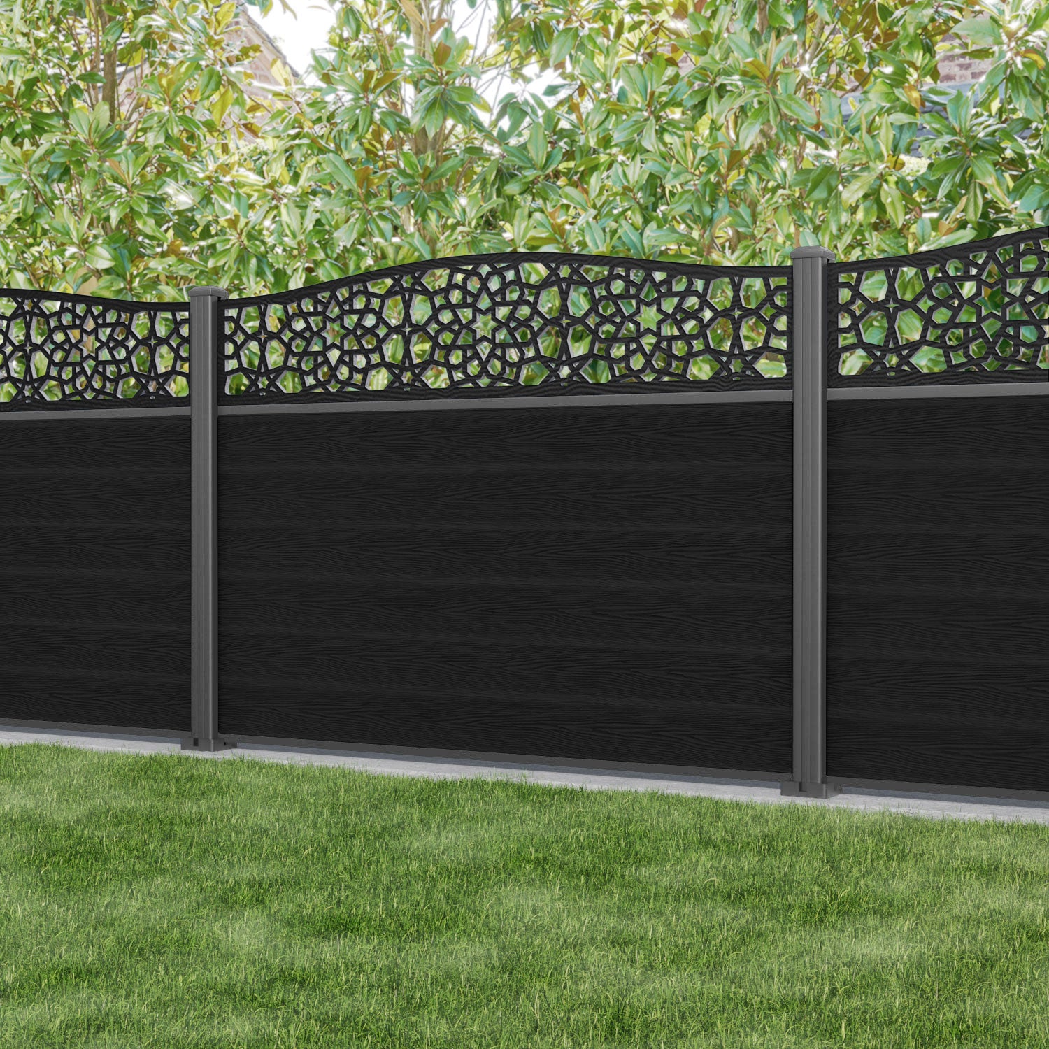 Classic Nazira Curved Top Fence Panel - Black - with our aluminium posts