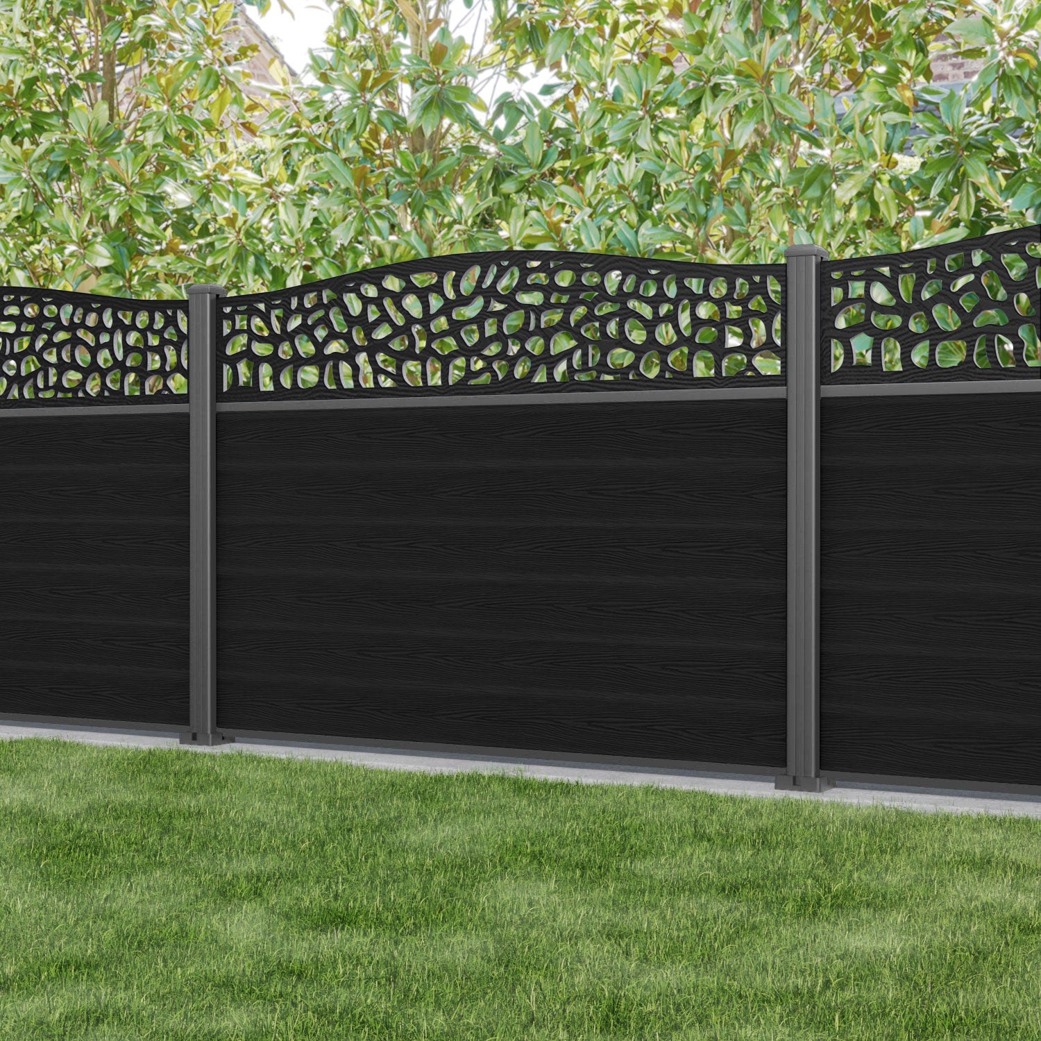 Classic Pebble Curved Top Fence Panel - Black - with our aluminium posts