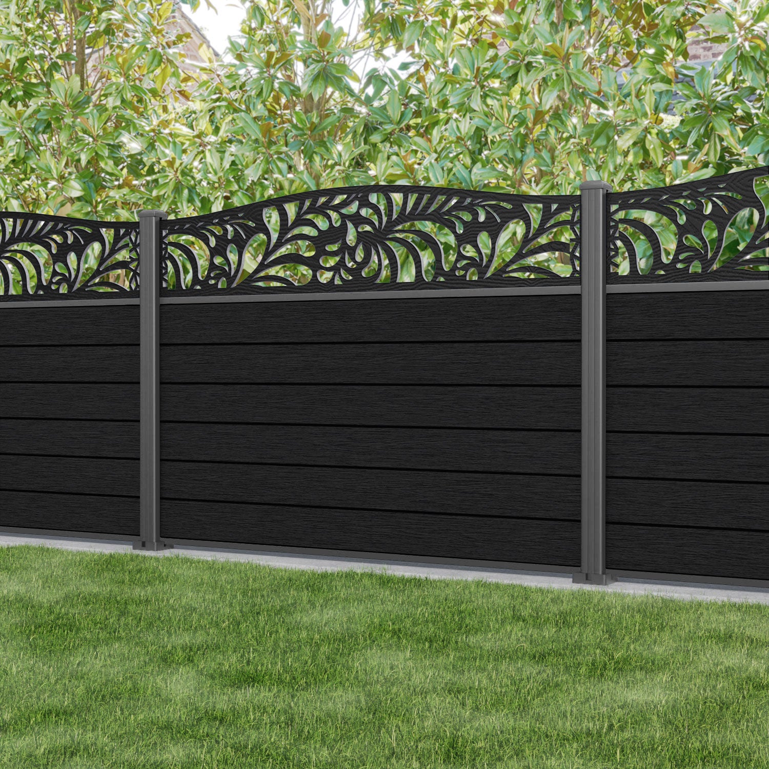Fusion Petal Curved Top Fence Panel - Black - with our aluminium posts