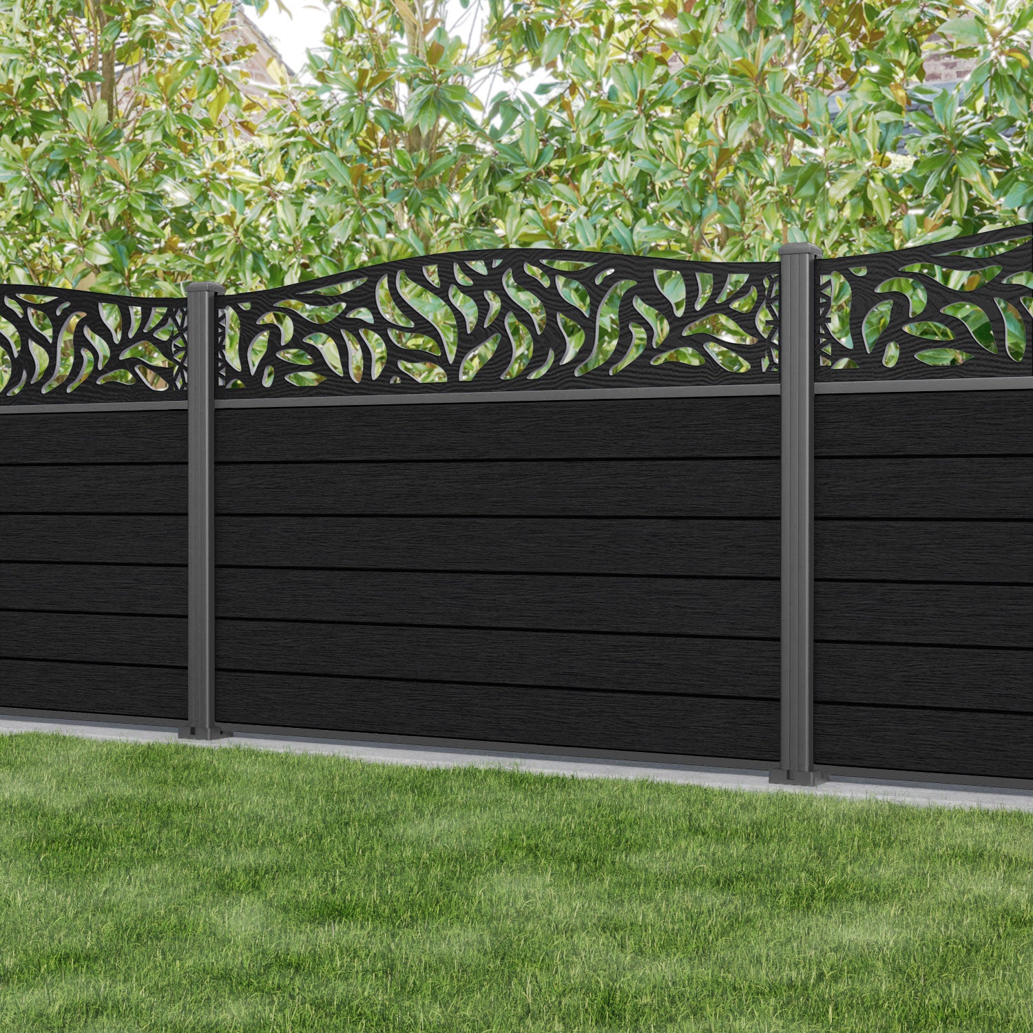 Fusion Plume Curved Top Fence Panel - Black - with our aluminium posts