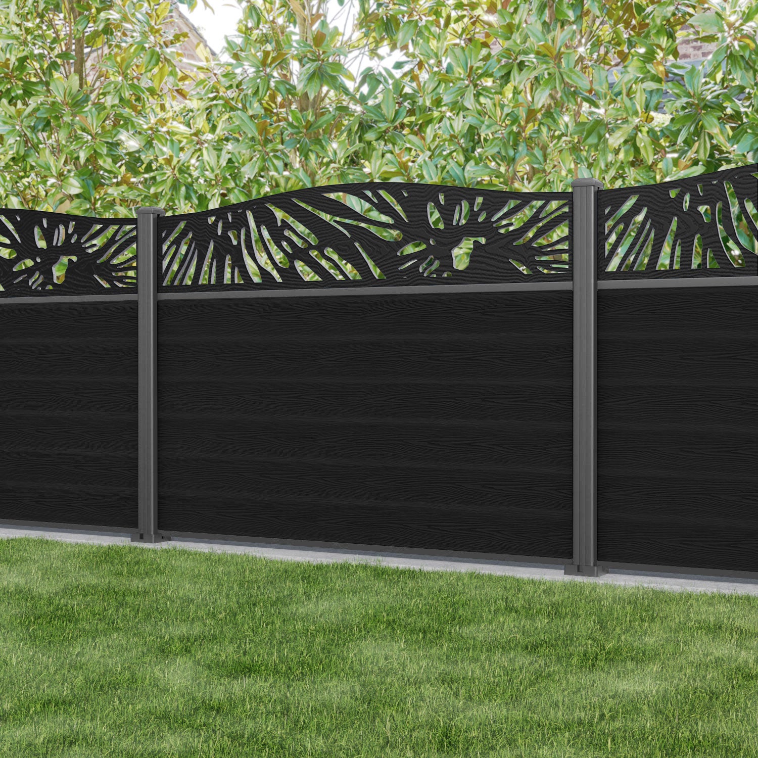Classic Poppy Curved Top Fence Panel - Black - with our aluminium posts