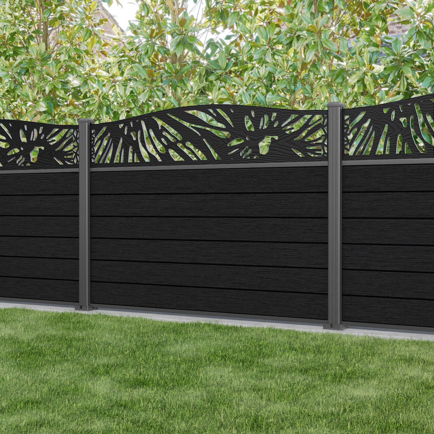 Fusion Poppy Curved Top Fence Panel - Black - with our aluminium posts