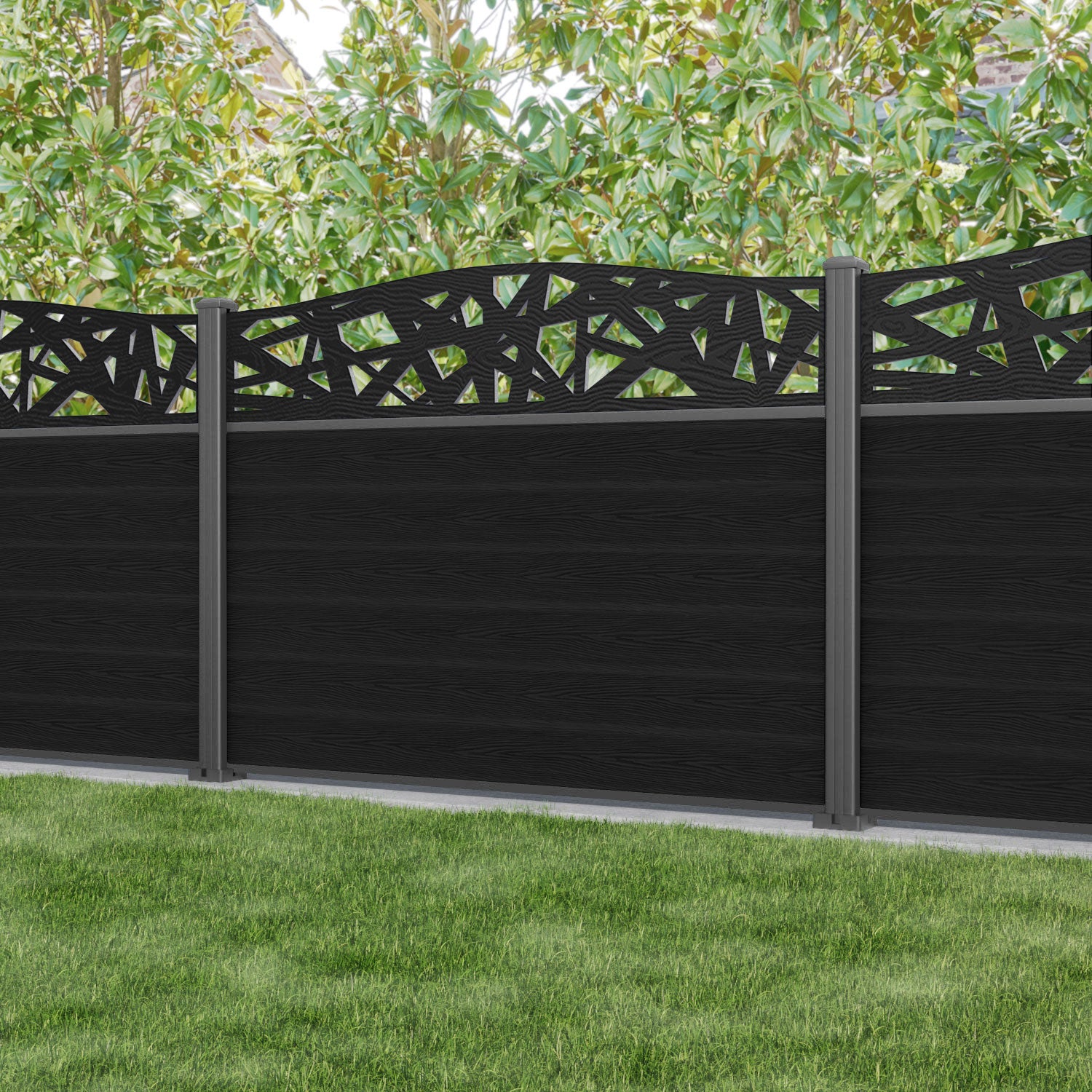 Classic Prism Curved Top Fence Panel - Black - with our aluminium posts