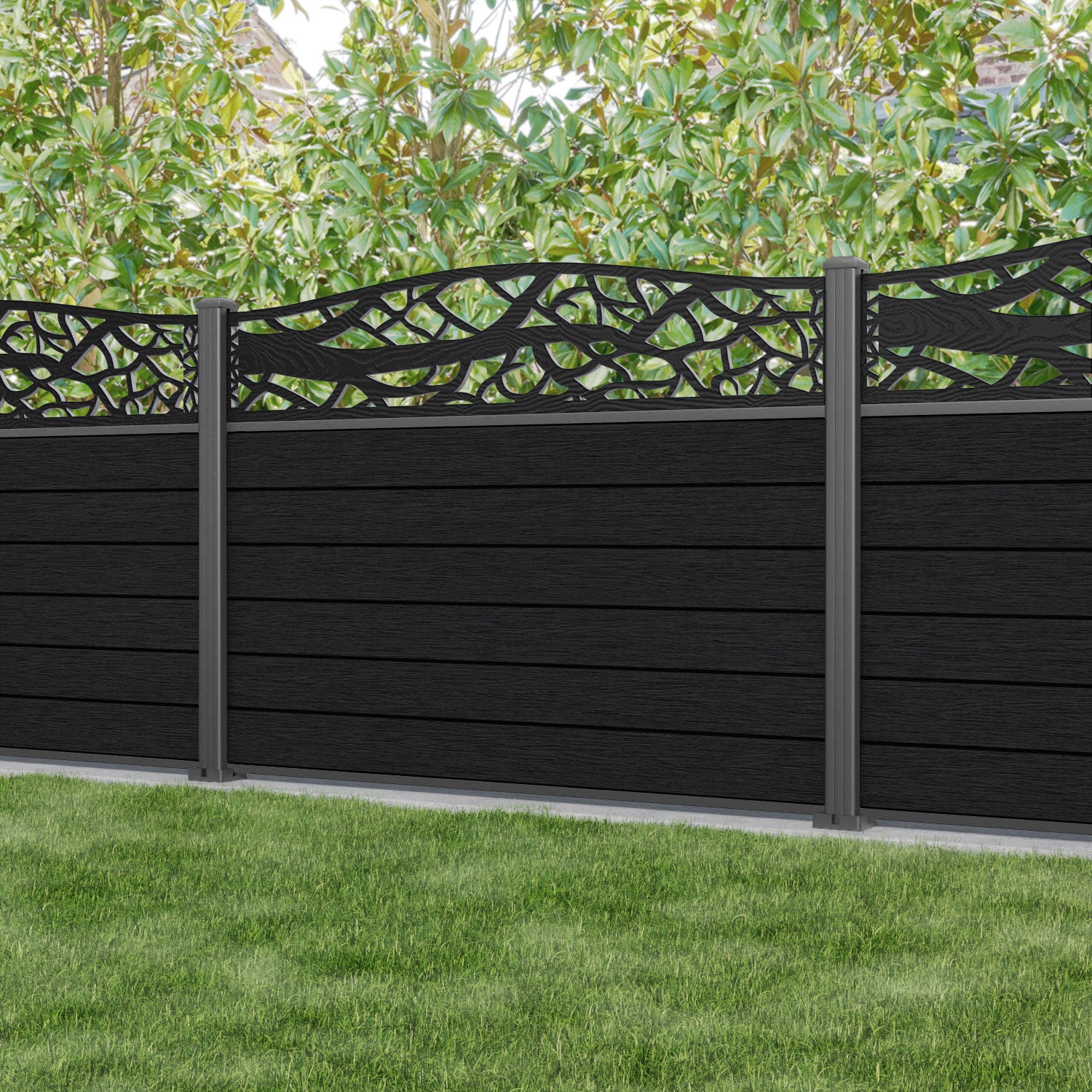 Fusion Twilight Curved Top Fence Panel - Black - with our aluminium posts