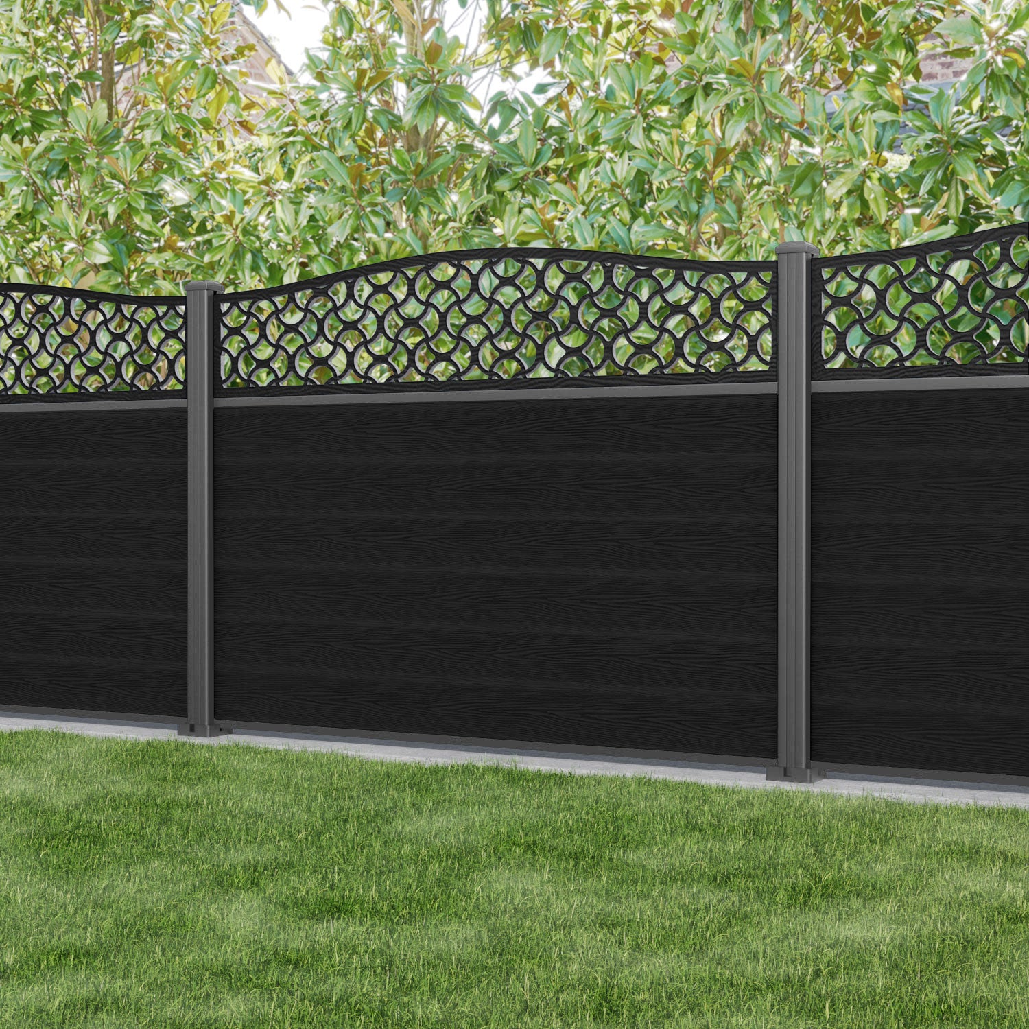 Classic Vida Curved Top Fence Panel - Black - with our aluminium posts
